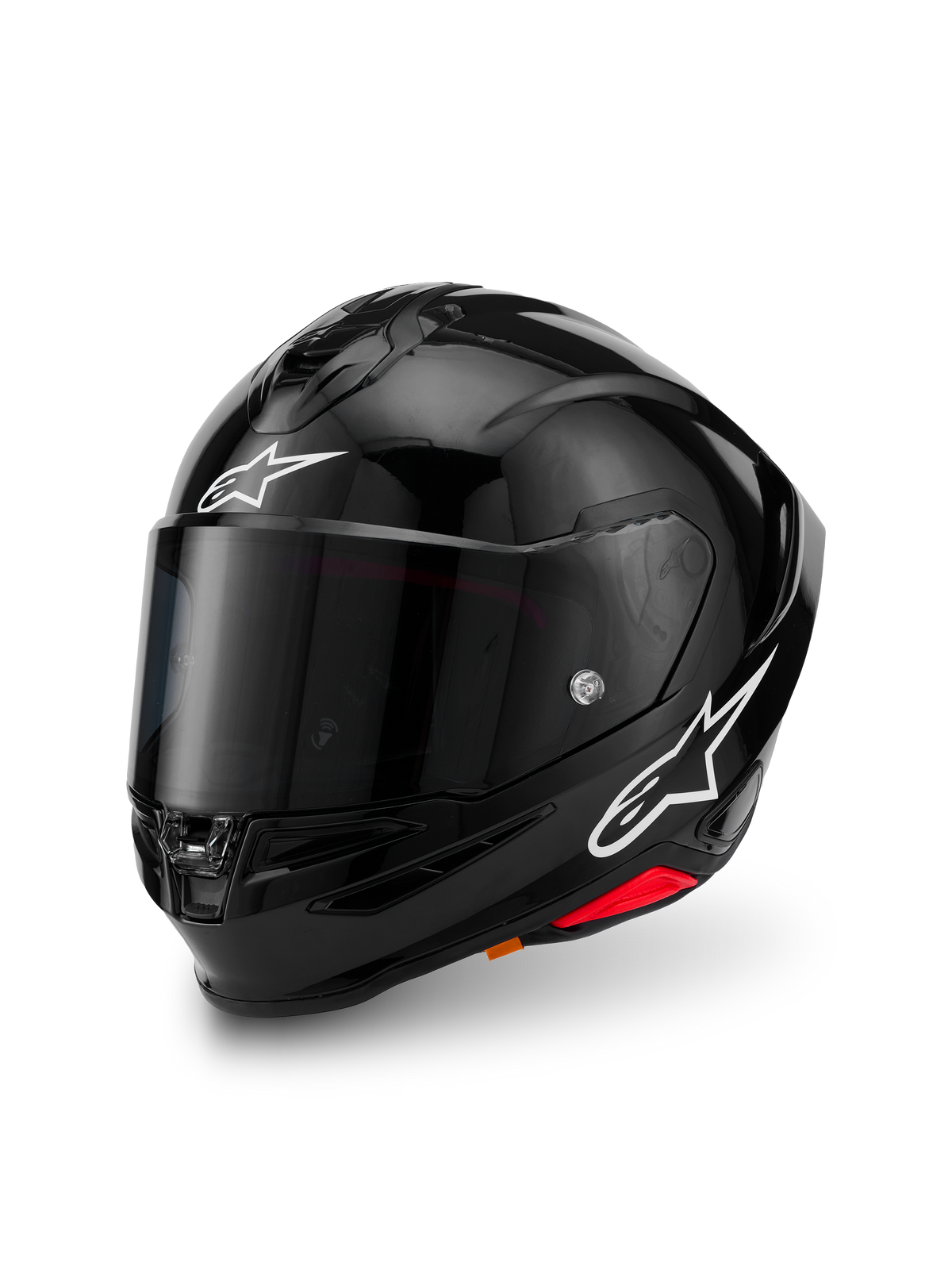 Alpinestars S-R7 Solid hjelm, sort glanset fuld-face motorcykelhjelm med kulfiberkompositskal, hvide stjernelogoer på panden og siden, klart visir og aerodynamisk spoilerdesign
