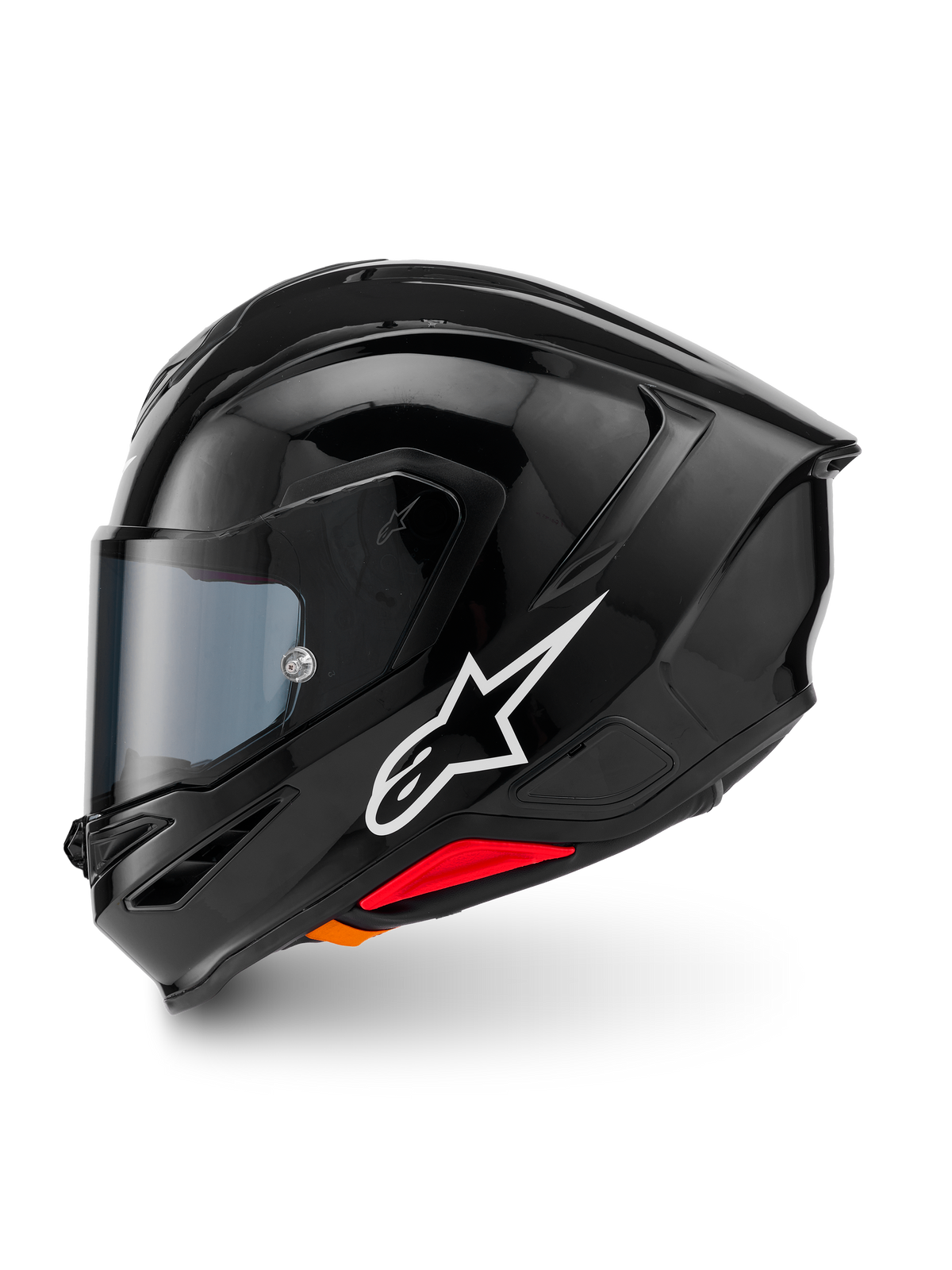 Alpinestars S-R7 Solid hjelm, helhjelm til motorcykel, blank sort, profilvisning fra venstre side med hvidt Alpinestars-logo, aerodynamisk skal med integreret spoiler, tonet visir og røde nødudløsningsdetaljer.