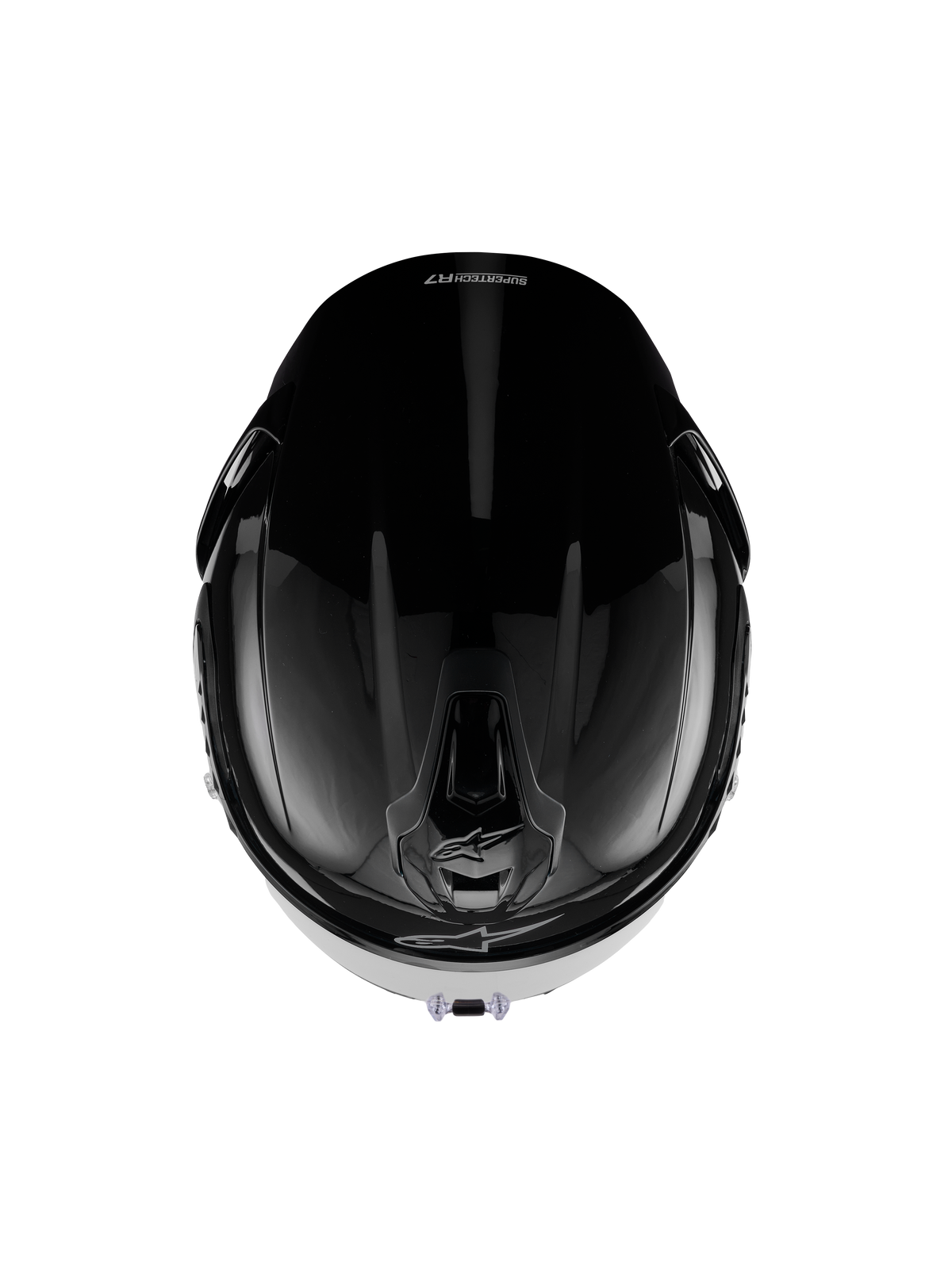 Alpinestars S-R7 Solid hjelm, full-face motorcykelhjelm, sort blank, set oppefra, der viser aerodynamisk skal, ventilationsåbninger og en elegant blank finish