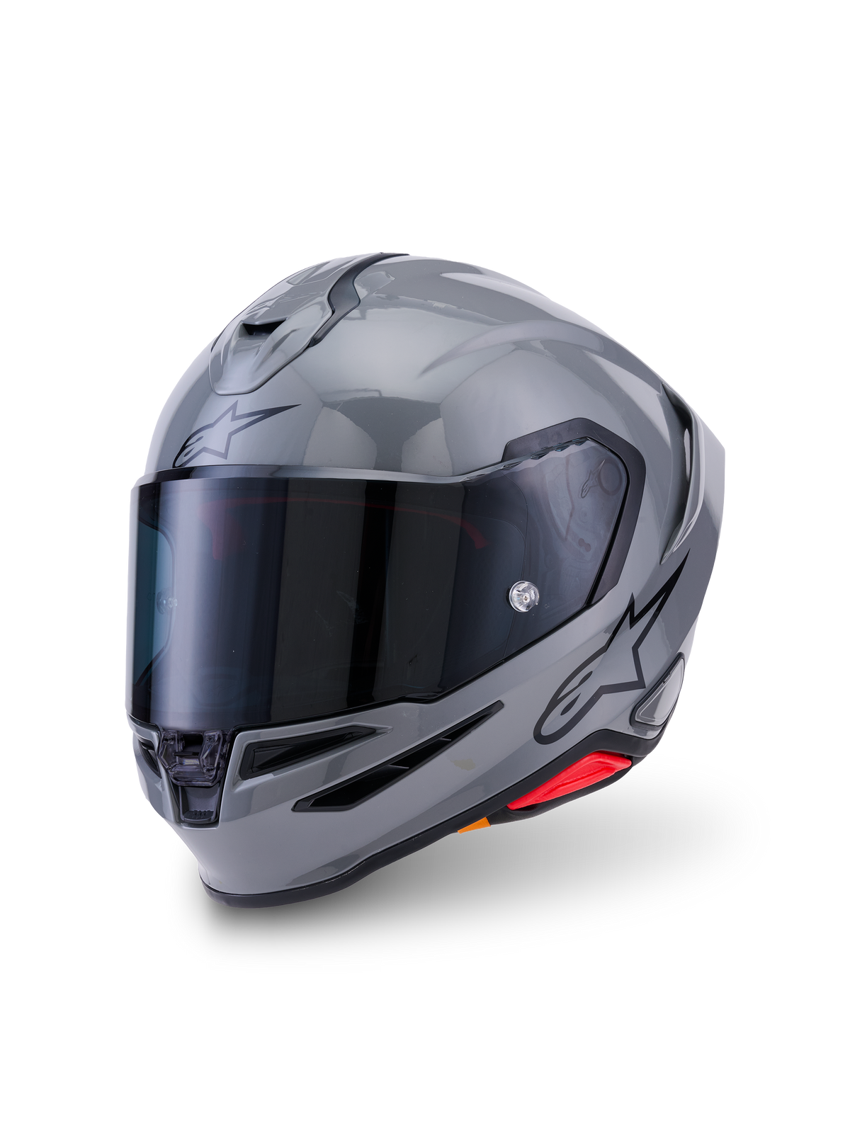 Alpinestars S-R7 Solid hjelm, full-face motorcykelhjelm, grå glans, med mørkt tonet visir, aerodynamisk skal med integreret spoiler, ventilationsåbninger og sort Alpinestars-logo på siden
