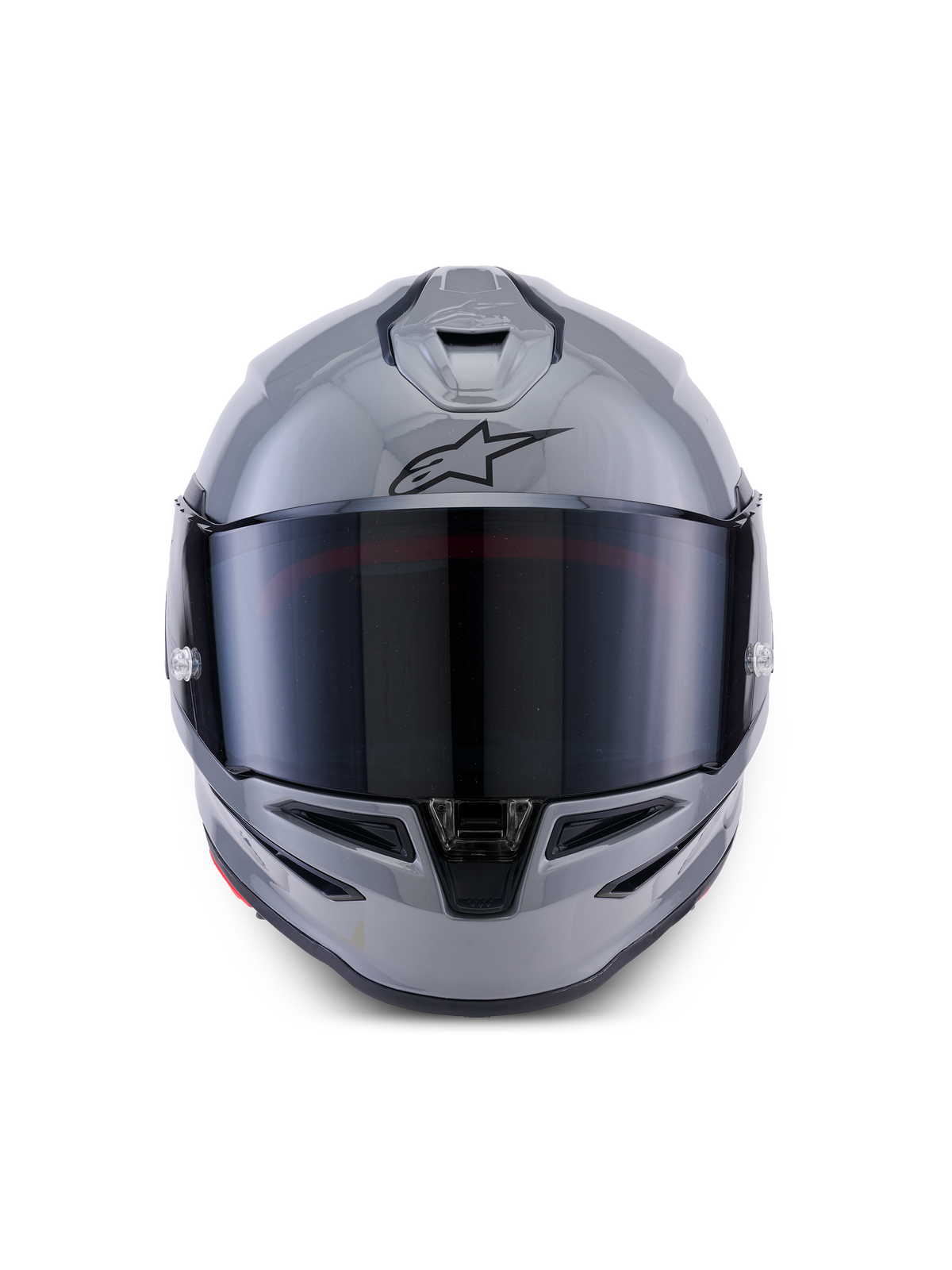 Alpinestars S-R7 Solid hjelm, full-face motorcykelhjelm, grå glossy, set forfra med mørkt tonet visir, sort A-star logo på panden, aerodynamisk skal med integreret ventilation, designet til racing og sportspræstationer.