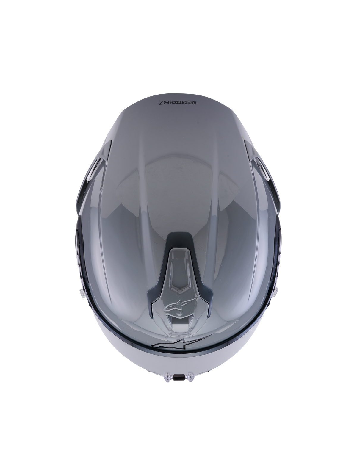 Alpinestars S-R7 Solid hjelm, Gray Glossy, set oppefra, der fremhæver det aerodynamiske skal-design og de integrerede skydbare topventilationsåbninger