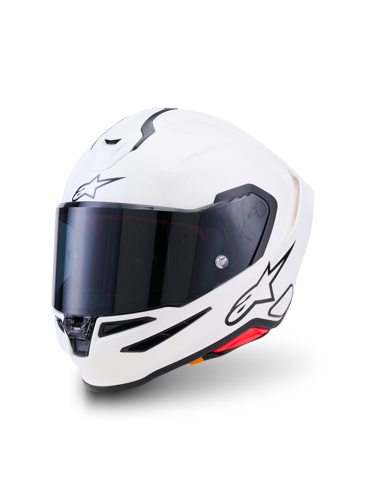 Alpinestars S-R7 Solid hjelm, full-face motorcykelhjelm, blank hvid, mørkt tonet visir, sort stjerne-logo på panden og siden, aerodynamisk skal med ventilationsåbninger og røde detaljer, højtydende udstyr til racing og landevej