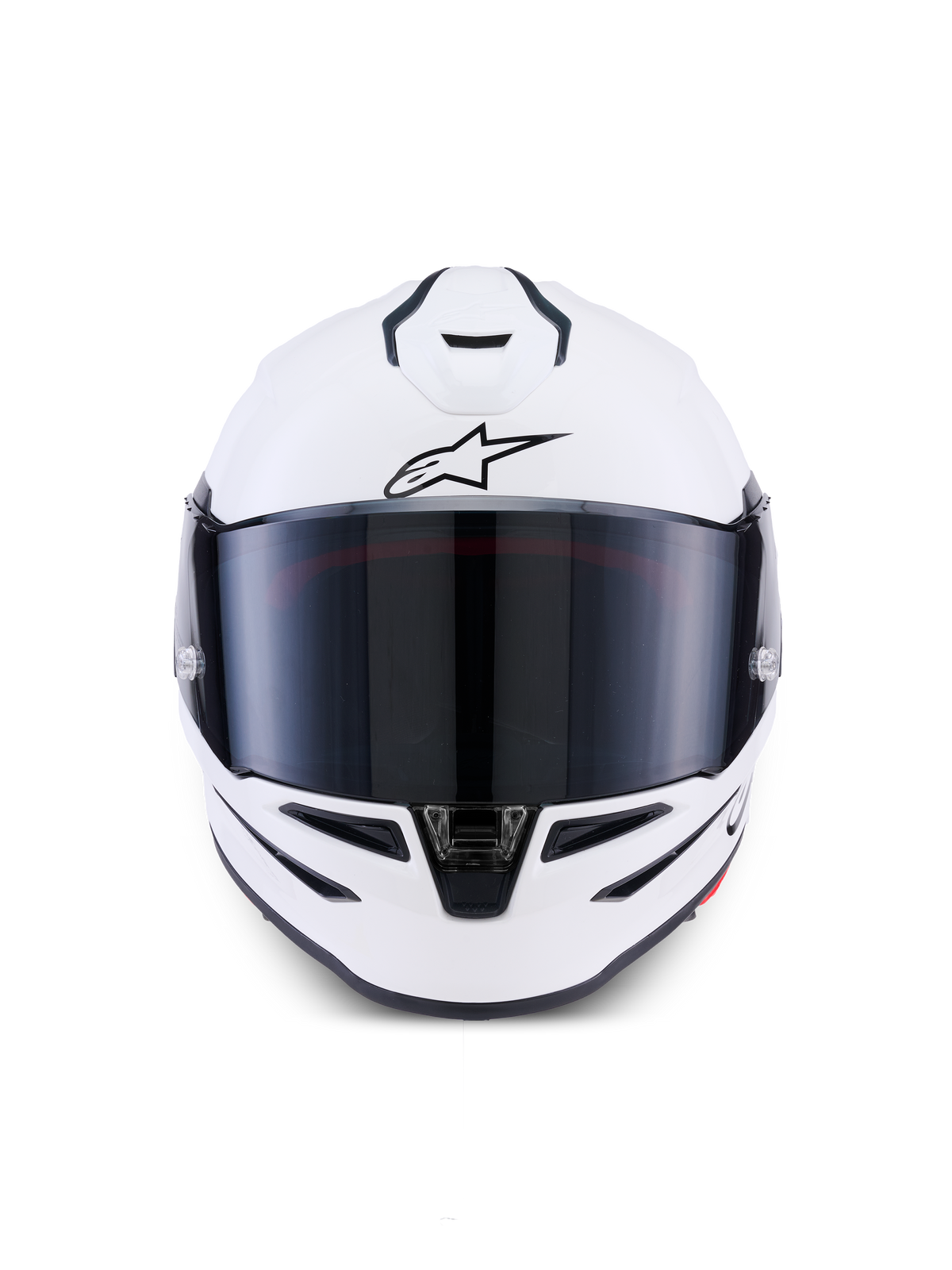 Alpinestars S-R7 Solid hjelm, full-face motorcykelhjelm, blank hvid, set forfra med mørkt tonet visir, aerodynamisk skal med integrerede ventilationsåbninger, professionelt racer- og sportsudstyr