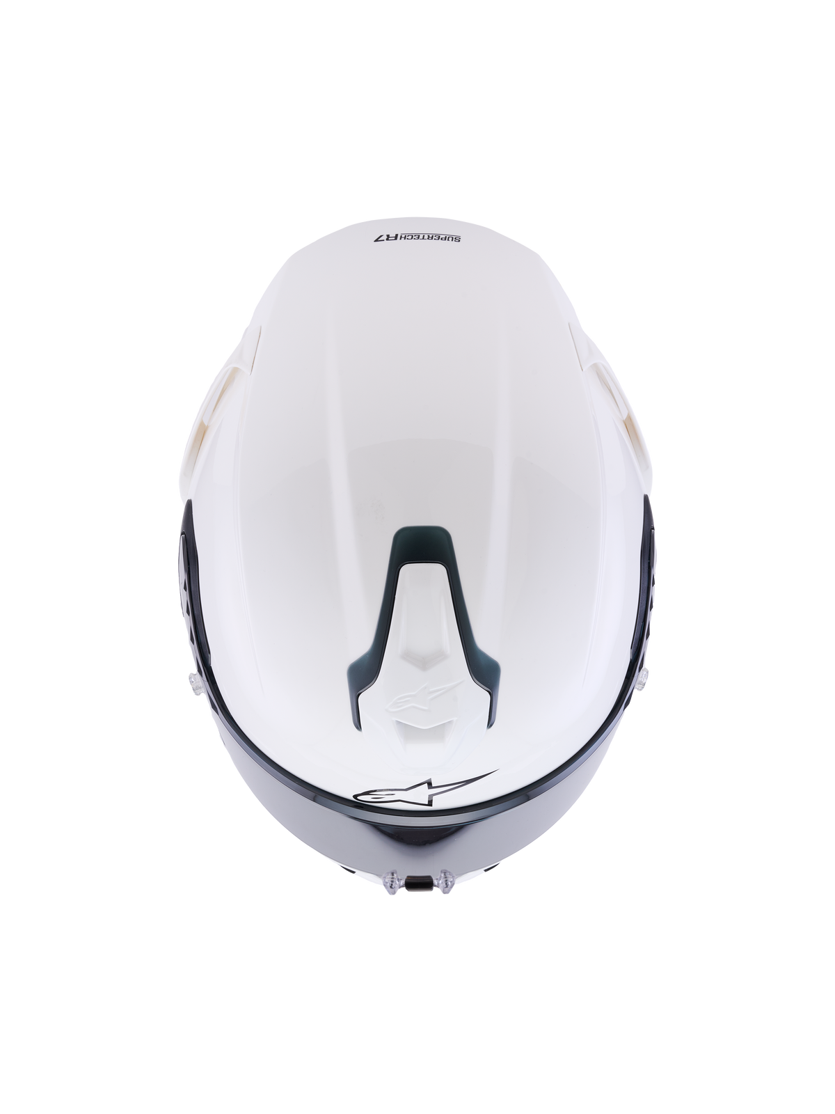 Alpinestars S-R7 Solid hjelm, hvid blank full-face motorcykelhjelm, set fra oven med den aerodynamiske skal, skydbar topventilationsåbning med sorte detaljer og signatur-stjernelogo, strømlinet racer-inspireret design til stabilitet ved høje hastigheder.