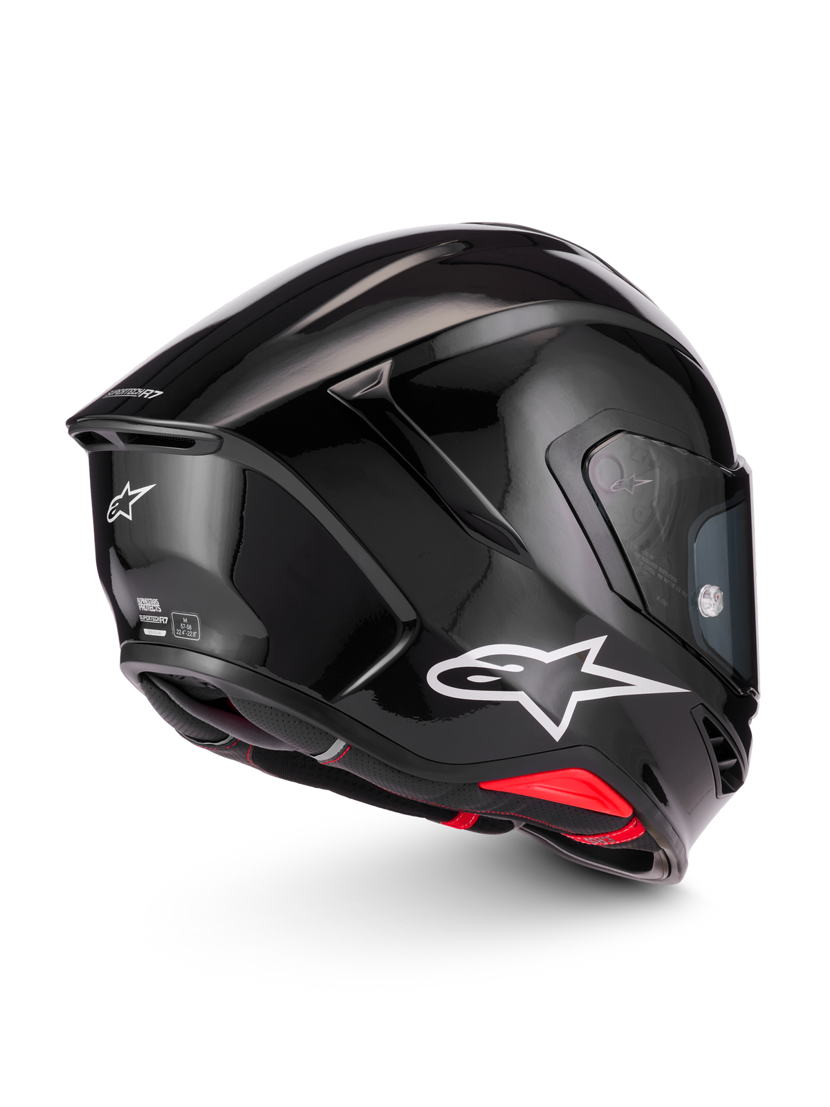 Alpinestars S-R7 Solid hjelm, sort glanset motorcykelhjelm med aerodynamisk skalkonstruktion, hvidt A-star-logo og ECE/DOT-certificeringsdetaljer