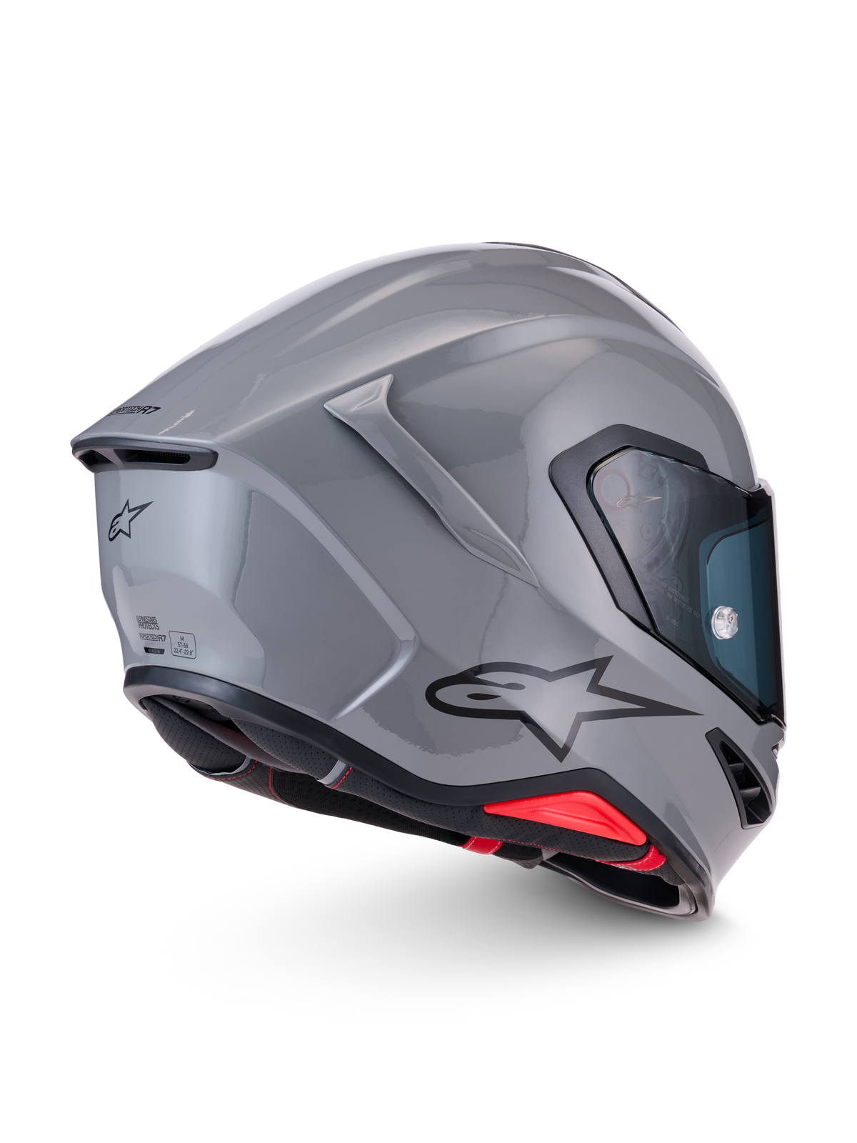Alpinestars S-R7 Solid hjelm ECE 22.06, motorcykelhjelm til landevej i blank grå med kulfiberkonstruktion, aerodynamisk bagspoiler og Alpinestars-logo på siden