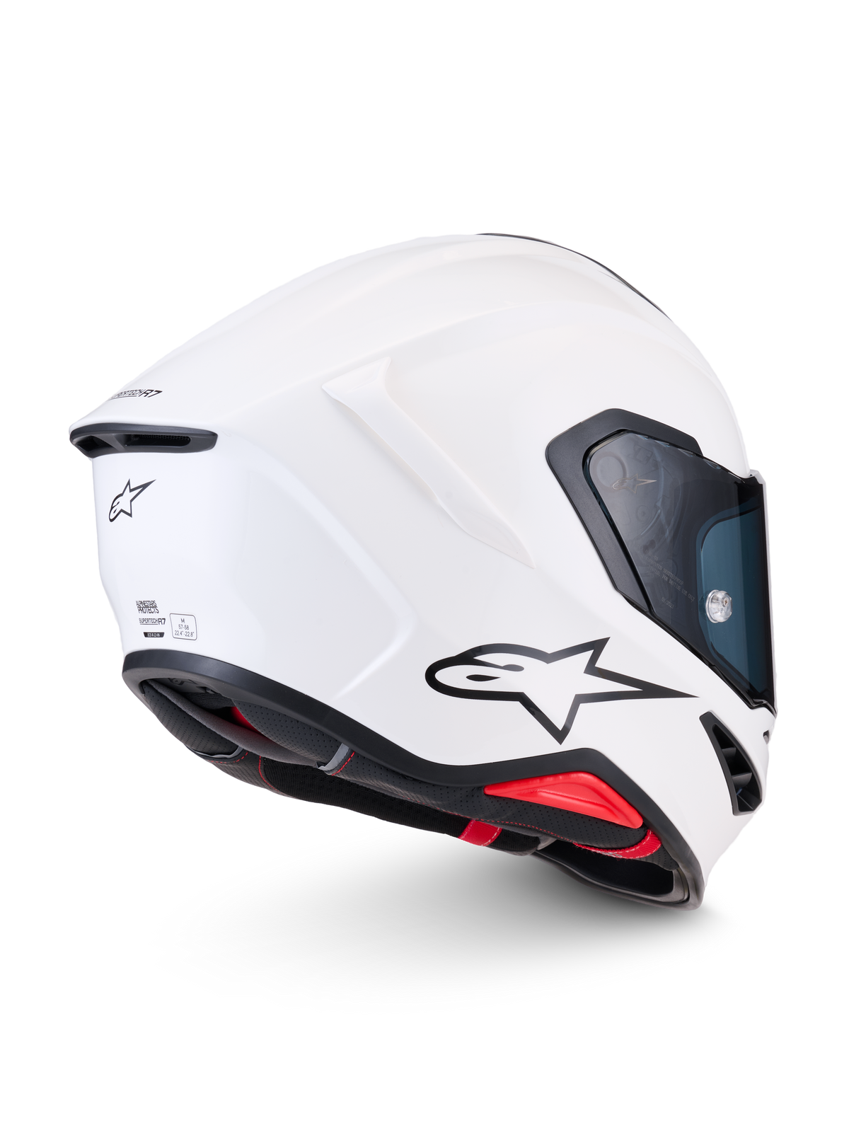 Alpinestars S-R7 Solid Hjelm, hvid blank fuldfarvet motorcykelracerhjelm, side-bagside profilvisning med aerodynamisk kulstofkompositskal, sort A-star-logo og ECE 22.06-certificeringsdetaljer