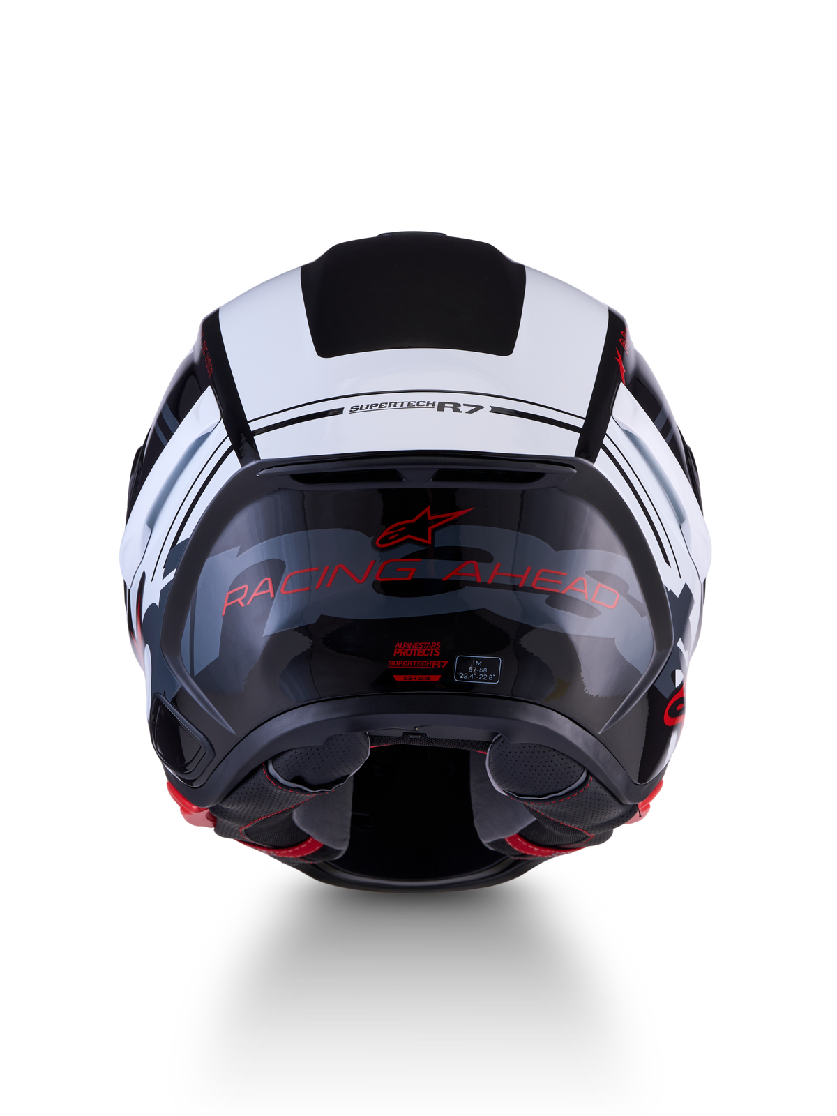 Alpinestars S-R7 A-Core Helmet ECE 22.06, road racing motorcycle helmet, back view showing carbon composite construction, Black, White, and Red Glossy finish with RACING AHEAD lettering and ECE certification label