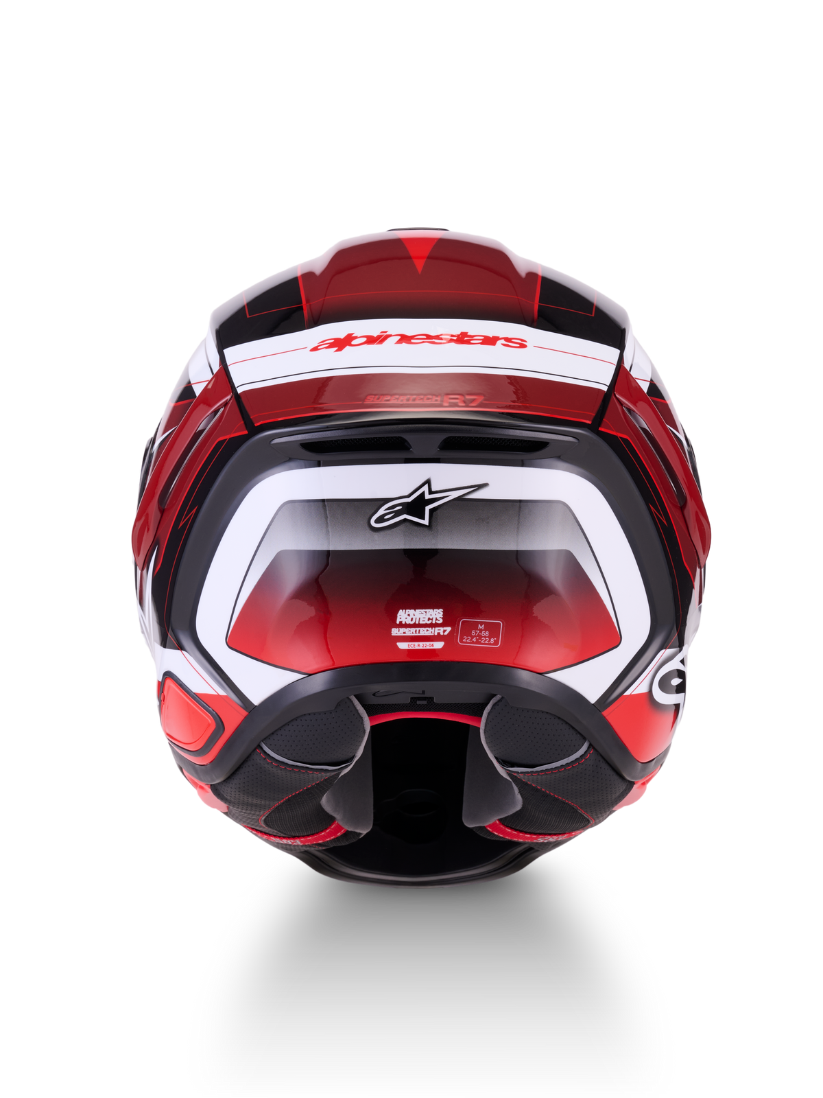 Alpinestars S-R7 Kinetis hjelm, fuldheds-motorcykelhjelm set bagfra, sort, rød og hvid med blankt grafisk layout, mærkelogoer og CE-certificeringsdetaljer