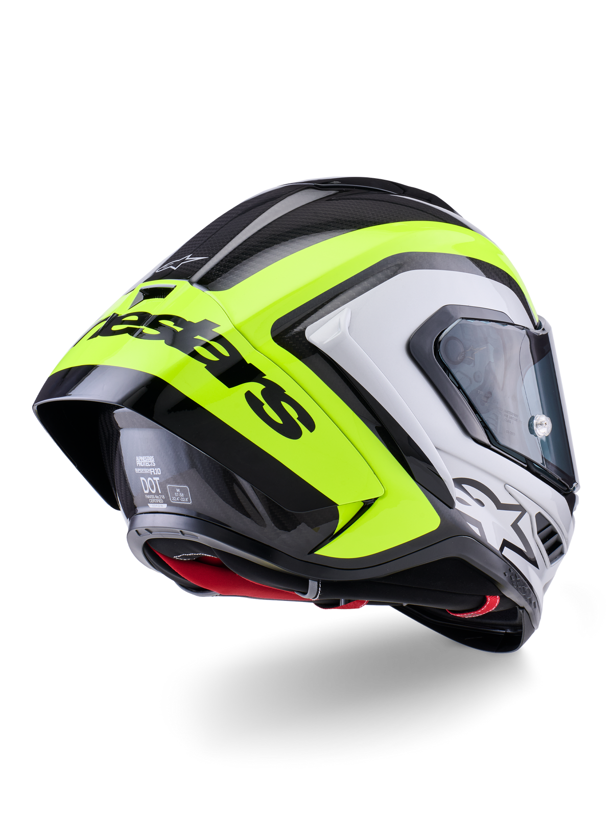 Alpinestars Supertech R10 Arius hjelm, set bagfra, sort, sølv og fluo gul blank, kulfiberskal, stor aerodynamisk spoiler med sort Alpinestars-tekst, beskyttelse i professionel racerkvalitet med strømlinet design