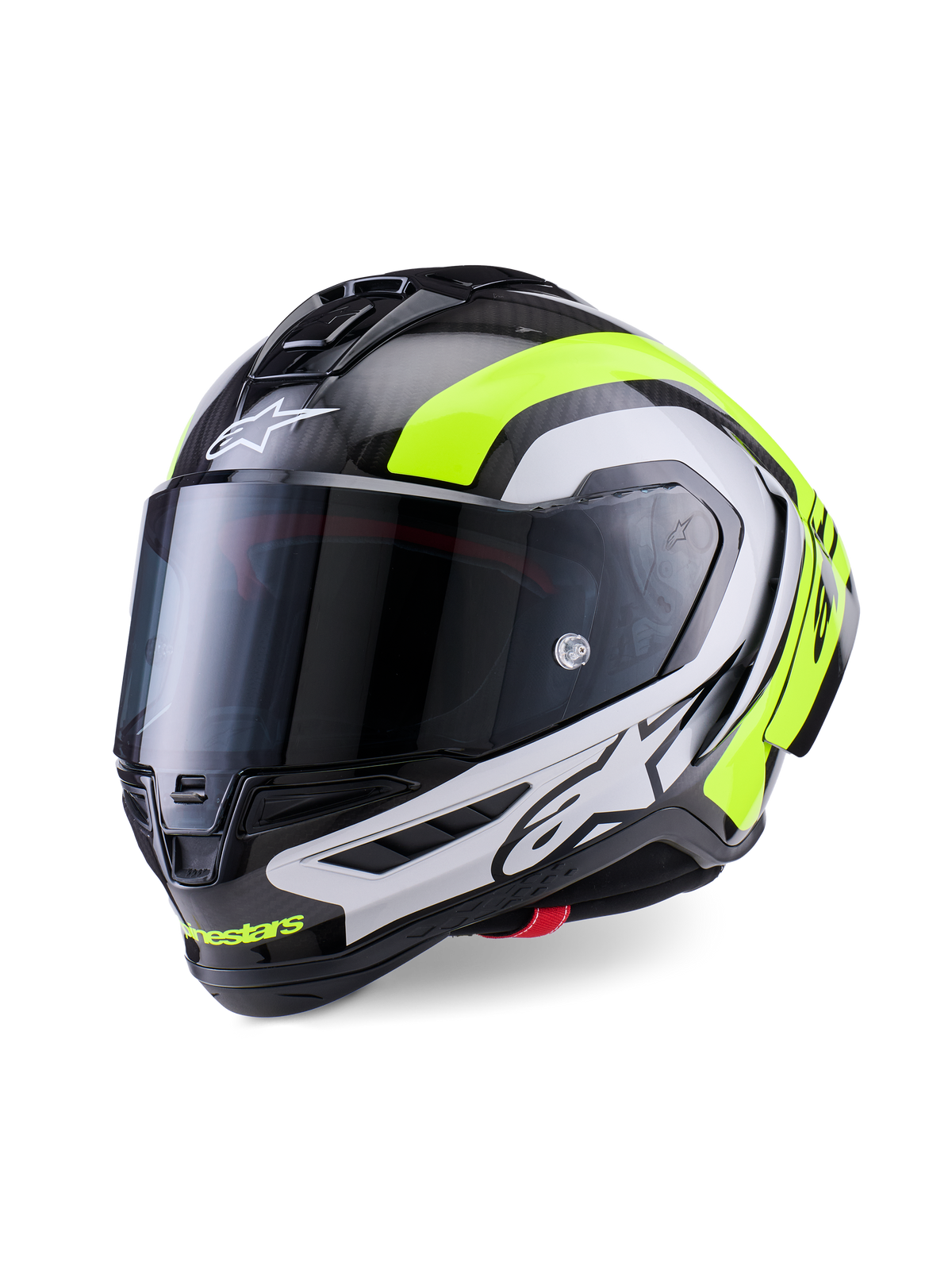 Alpinestars Supertech R10 Arius-hjelm, professionel racing-motorcykelhjelm, blank sort carbon med detaljer i sølv og fluorescerende gul, mørkt røgfarvet visir, aerodynamiske winglets og markant Alpinestars-branding