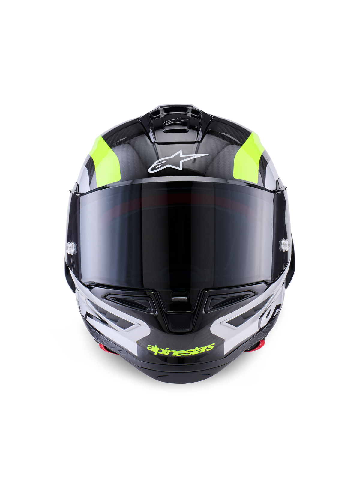 Alpinestars Supertech R10 Arius hjelm, racermotorcykelhjelm, sort, sølv og gul fluo blank, set forfra med kulfiberskal, mørkt røgfarvet visir og integreret ventilationssystem.