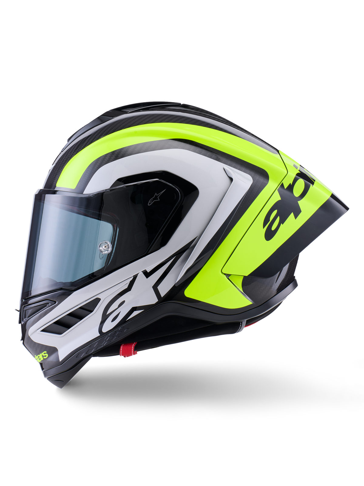 Alpinestars Supertech R10 Arius hjelm, racing motorcykelhjelm, sort, sølv og neon gul blank, set fra siden, med aerodynamisk bagspoiler, kulfiberkonstruktion, markant branding og tonet visir.