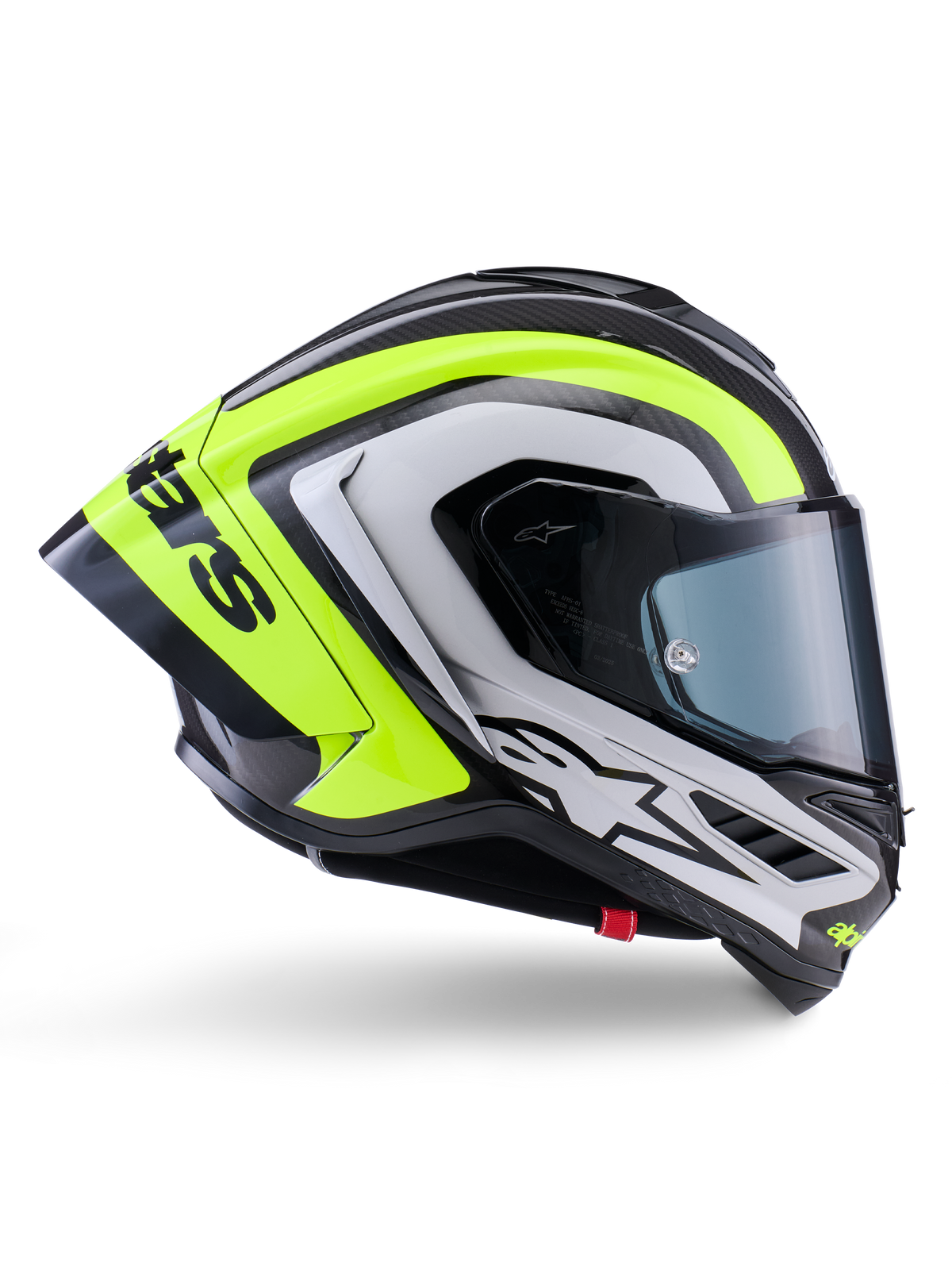 Alpinestars Supertech R10 Arius hjelm, full-face racerhjelm, sort, sølv og neon-gul blank, sideprofil der viser aerodynamisk skal og mørkt røgfarvet visir, kulfiberkonstruktion med tydelig branding