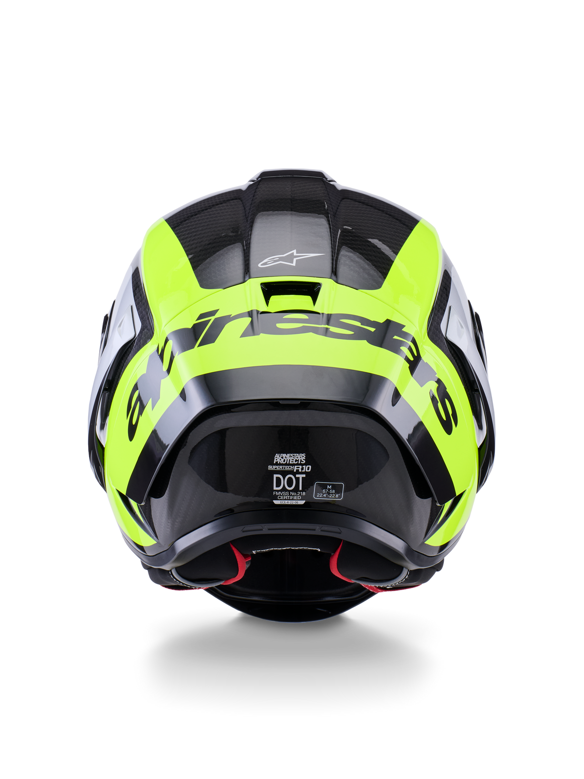 Alpinestars Supertech R10 Arius-hjelm, set bagfra, sort, sølv og gul fluo blank, højtydende racerhjelm med multi-komposit carbonskal, aerodynamisk design og markant brand-logo hen over bagsiden.