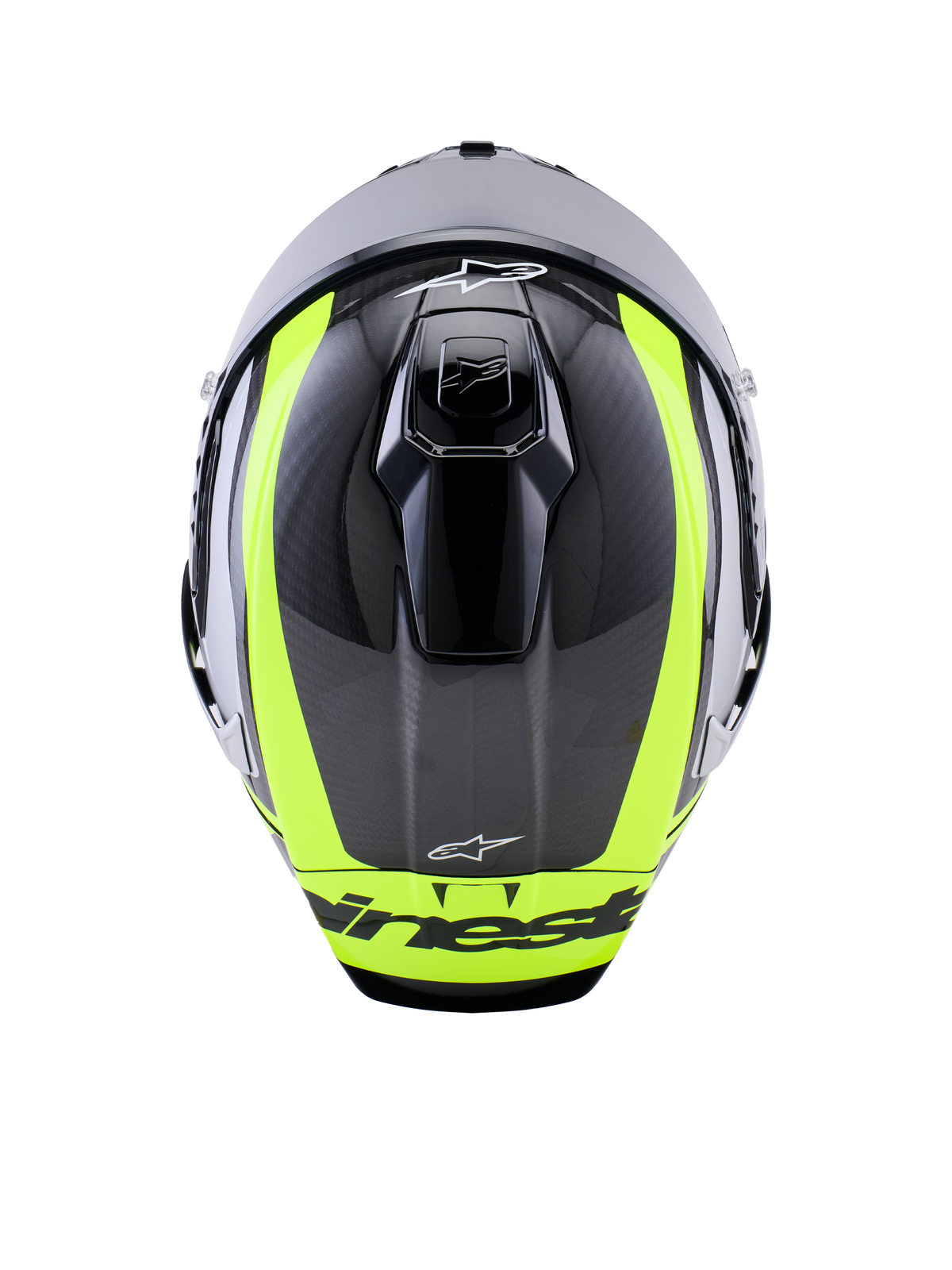 Alpinestars Supertech R10 Arius hjelm, set oppefra, sort, sølv og gul fluo blank, kulfiberskal med markante fluorescerende gule striber, aerodynamiske ventilationsåbninger i toppen og Alpinestars-branding, højtydende racerhjelm
