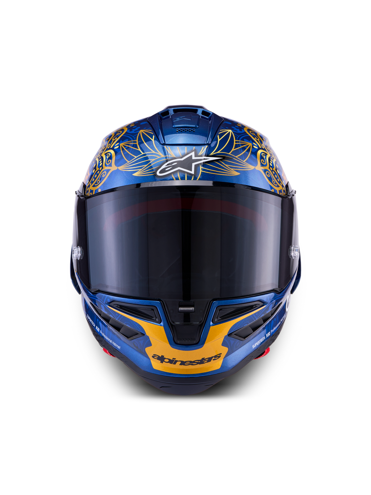 Alpinestars Supertech R10 Martinator Thai LE-hjelm i metallisk blå og guld kulfiber med et tonet visir set forfra.