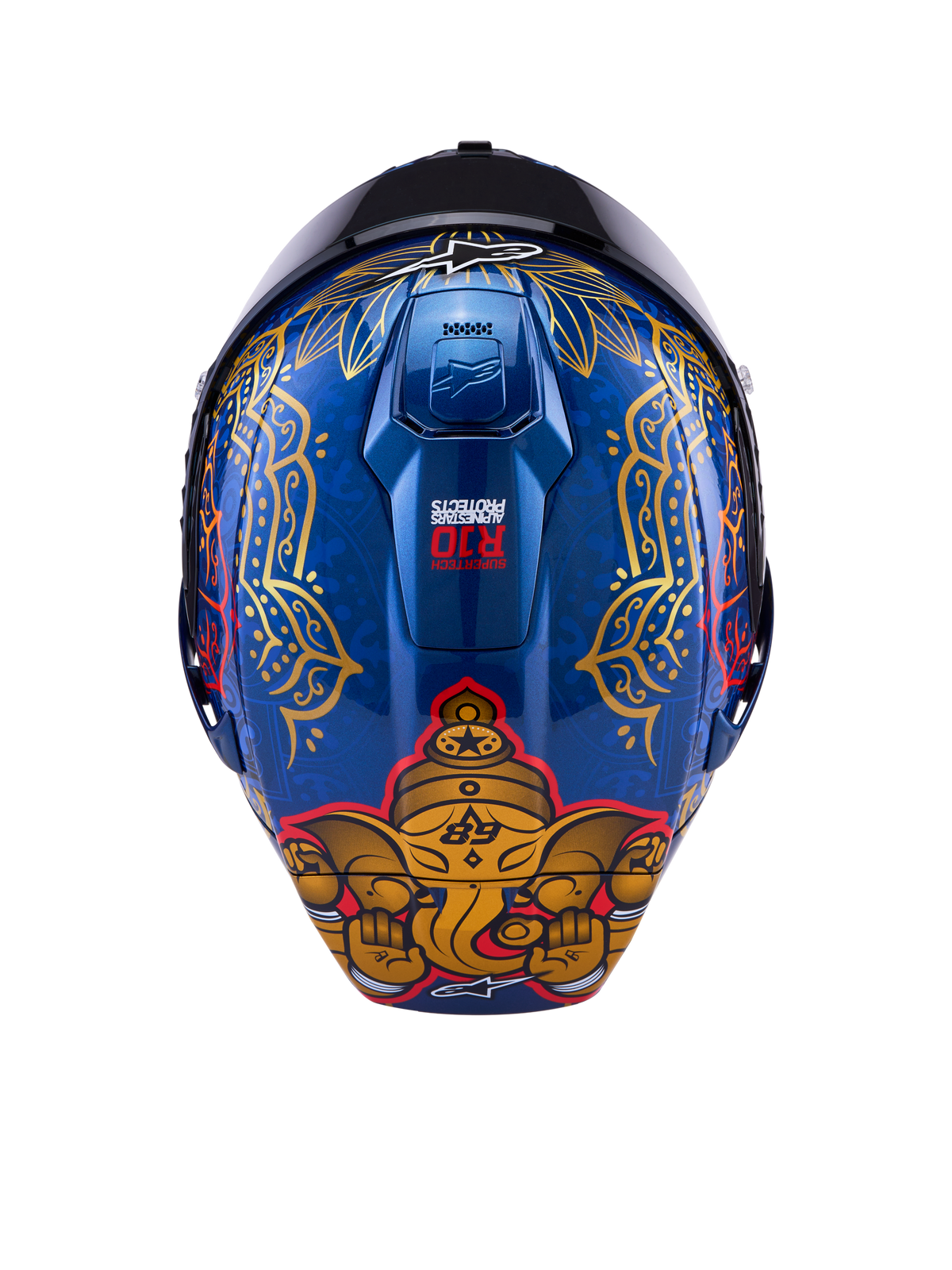 Supertech R10 Martinator Thai-hjelm, blank blå kulfiberskal med gylden elefantgrafik og detaljerede mønstre bagpå.