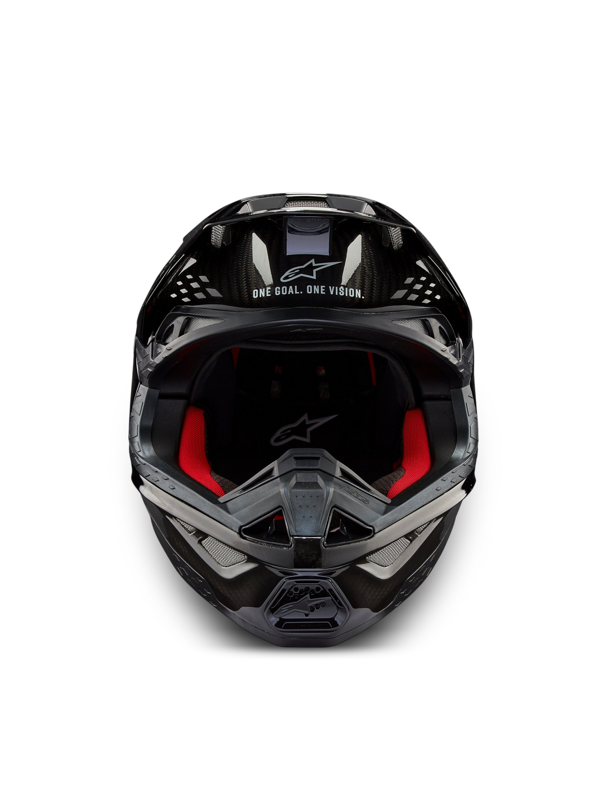 Alpinestars Supertech M10 Solid Hjelm ECE 22.06, sort blank kulfiber-motocrosshjelm set forfra med rød indvendig polstring og ventilationsåbninger