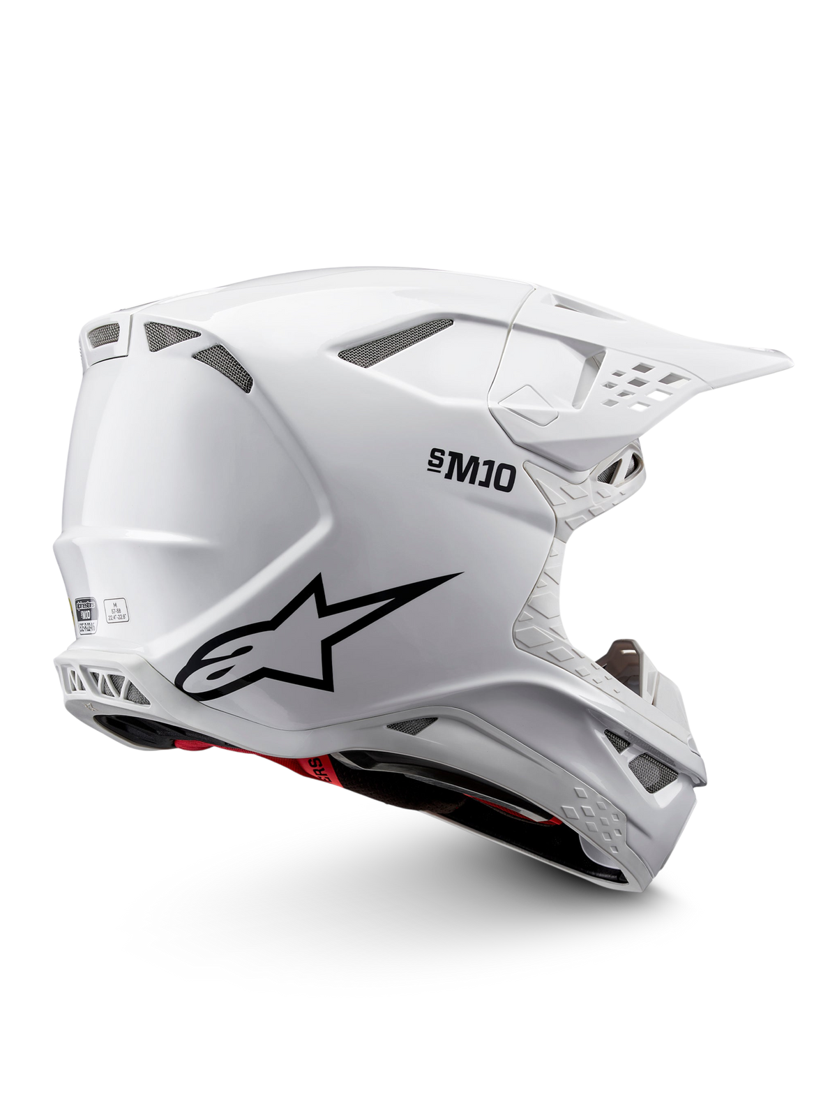 Alpinestars Supertech M10 Solid motocrosshjelm, hvid blank med sorte grafikker, røde detaljer, ventilationsporte og skyggevisir, ECE 22.06-certificeret