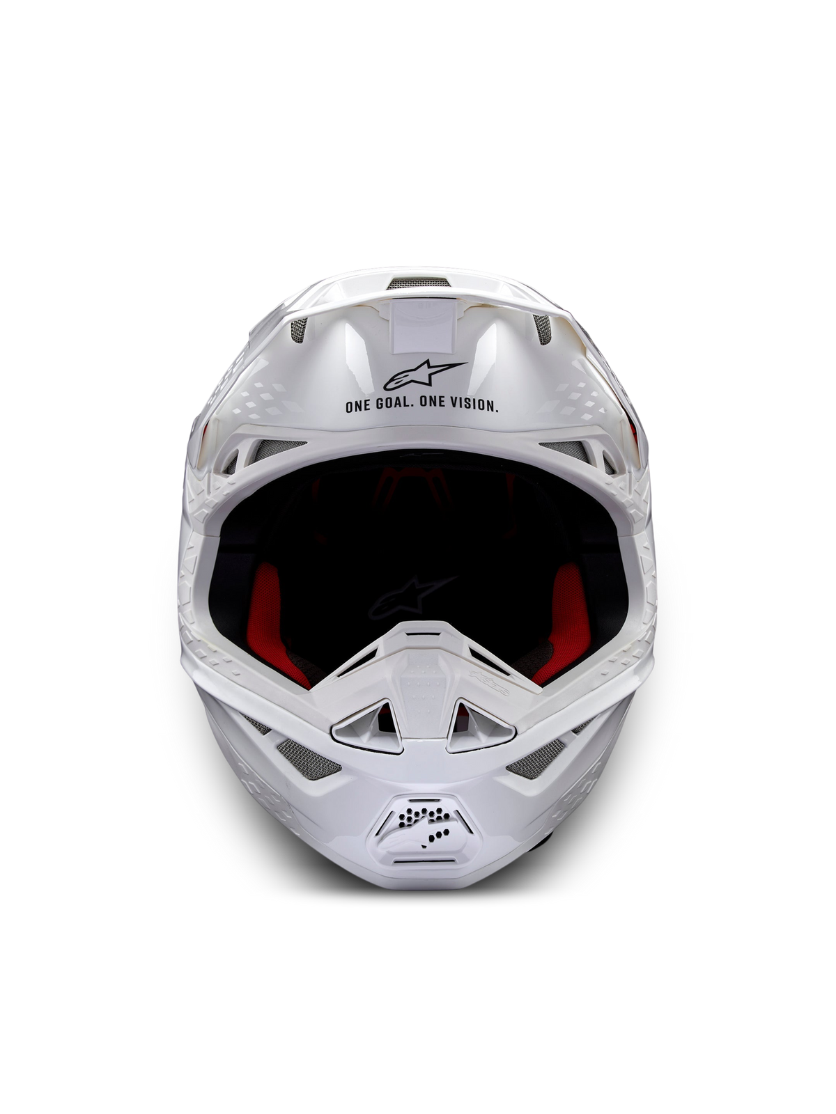Alpinestars Supertech M10 Solid Hjelm ECE 22.06, hvid blank motocrosshjelm set forfra med rød og sort indvendig polstring