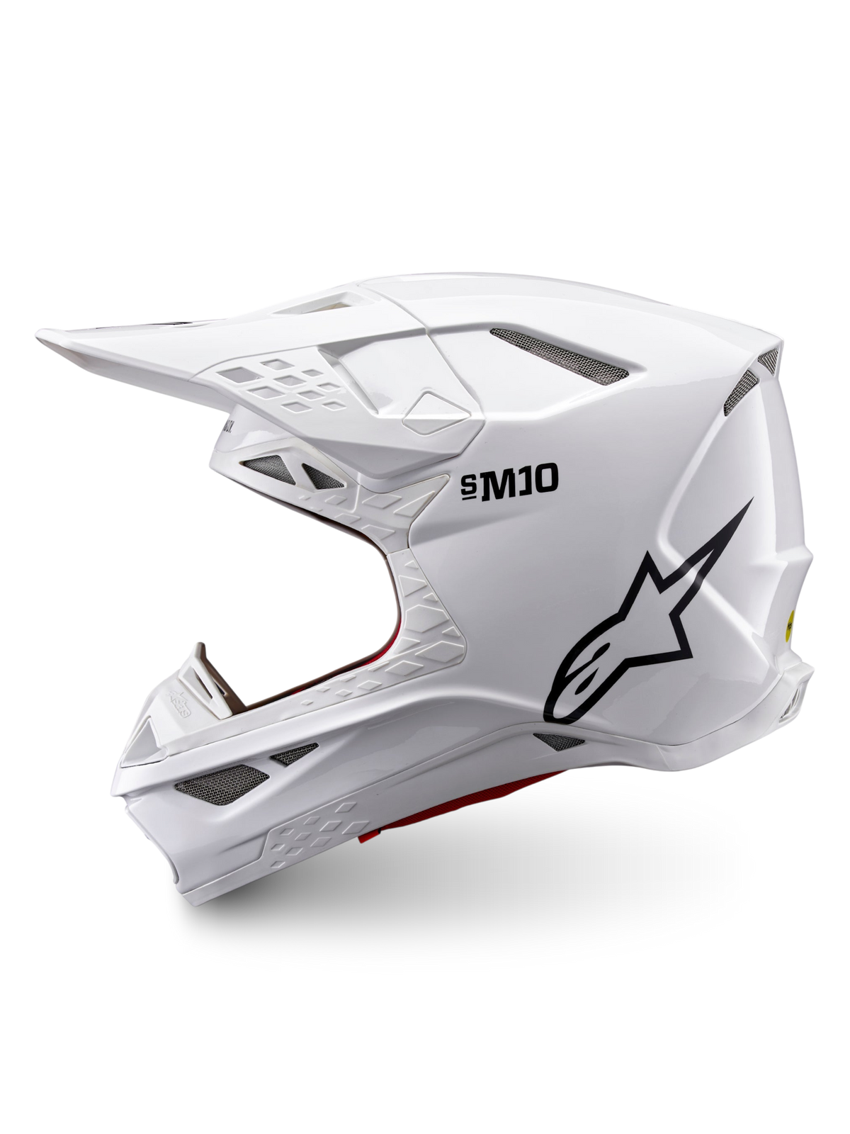 Alpinestars Supertech M10 Solid Hjelm ECE 22.06, hvid blank motocrosshjelm i sideprofil med sort logo og flere ventilationsporte