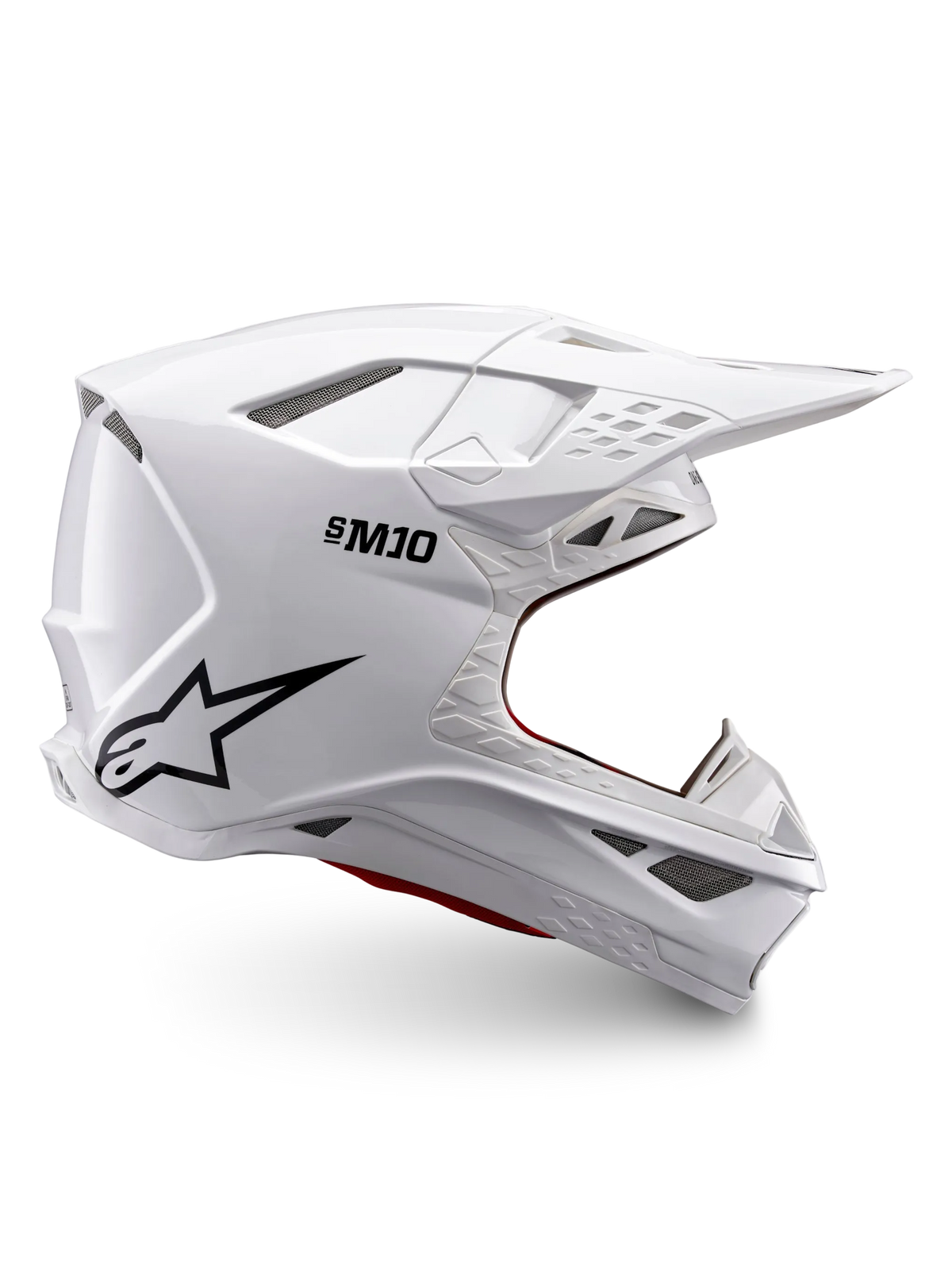 Alpinestars Supertech M10 Solid hjelm ECE 22.06, hvid blank motocrosshjelm med sort logo, skygge og ventileret design set fra siden