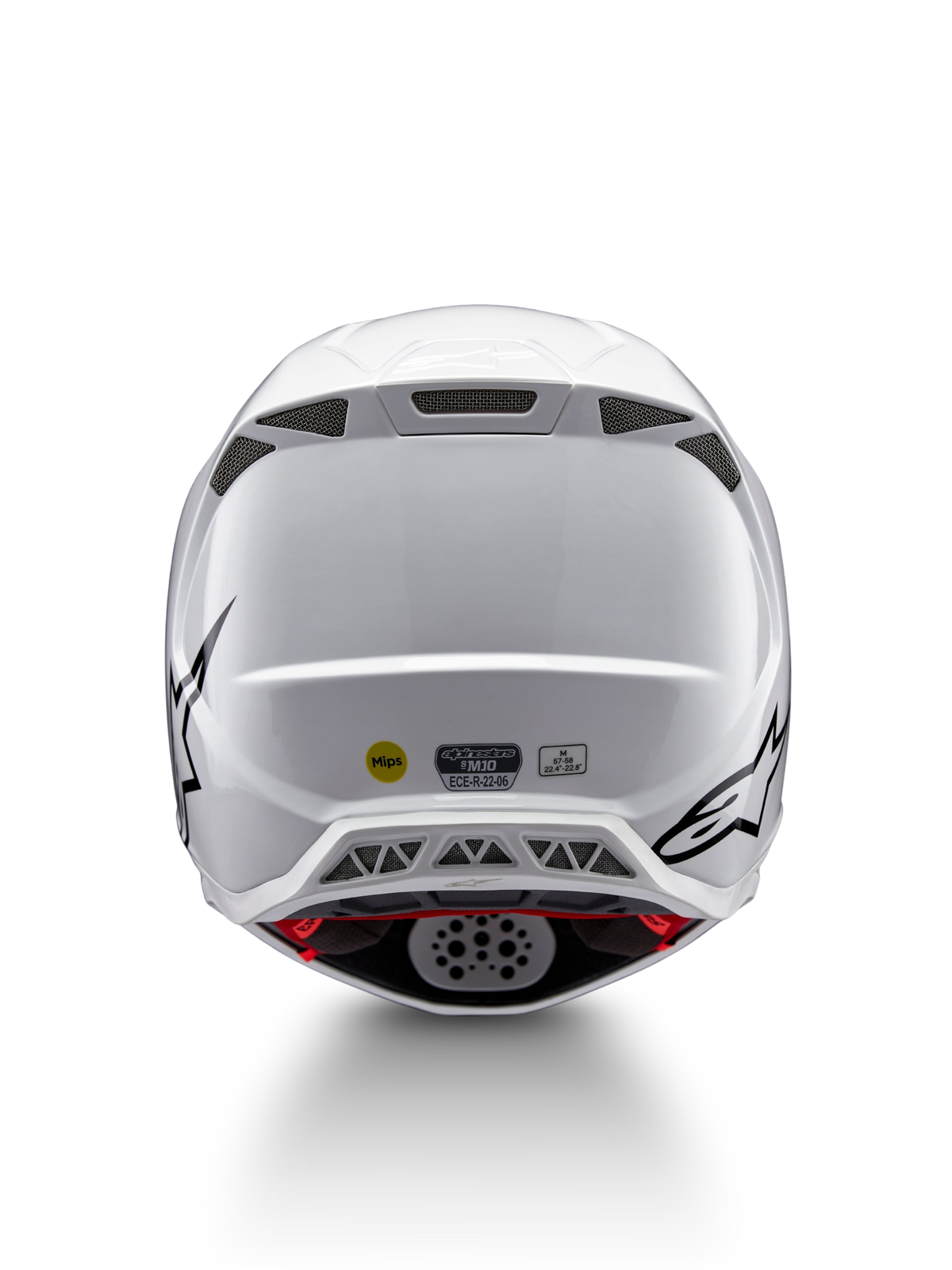 Alpinestars Supertech M10 Solid hjelm ECE 22.06, hvid blank motocrosshjelm set bagfra med sorte grafikker, ventilationsporte, MIPS og ECE-certificeringsmærke