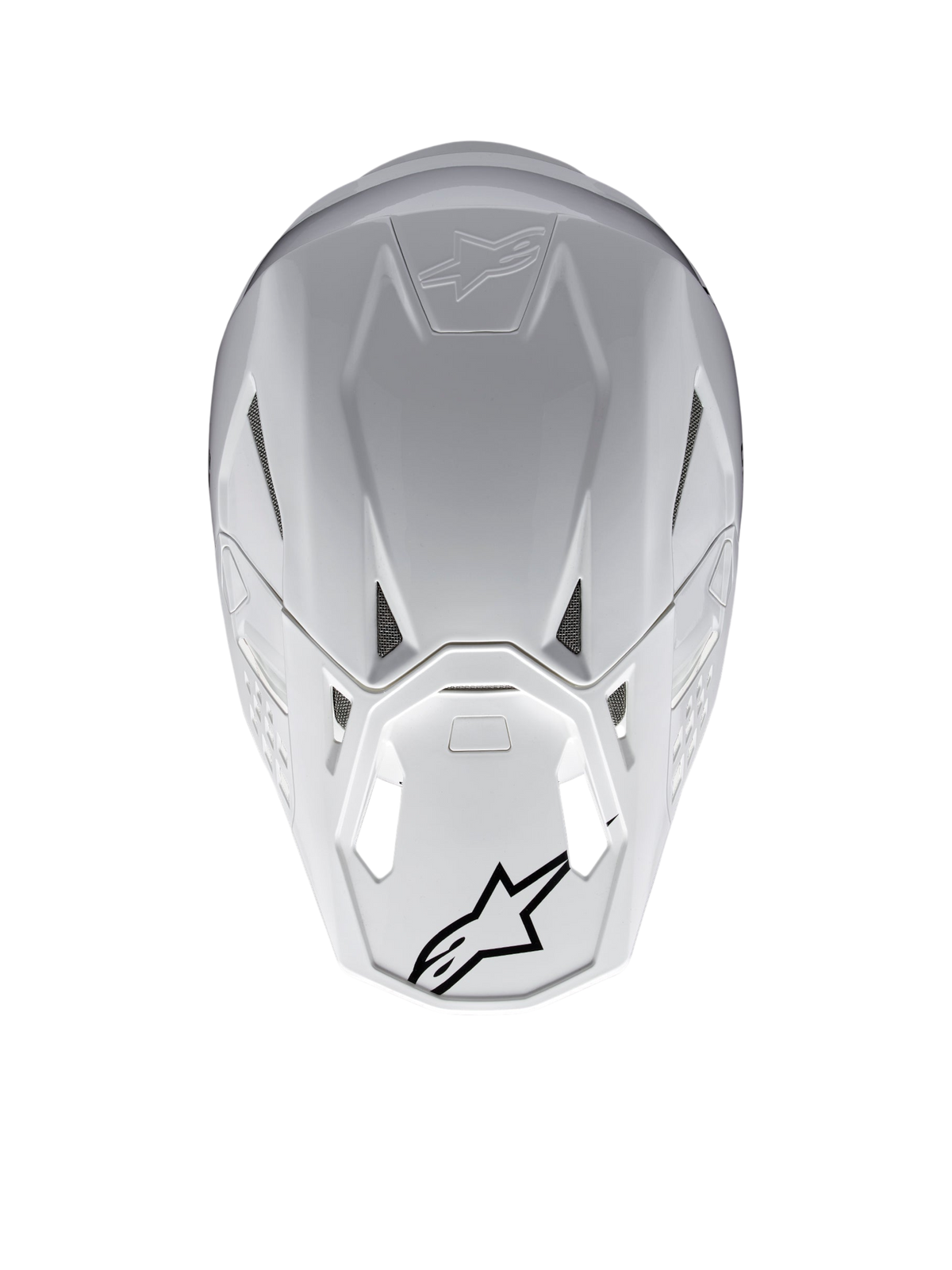 Alpinestars Supertech M10 Solid Hjelm ECE 22.06, hvid blank motocrosshjelm set bagfra med ventilationsporte og sorte Alpinestars-logoer, skal i kulfiber- og aramidkomposit