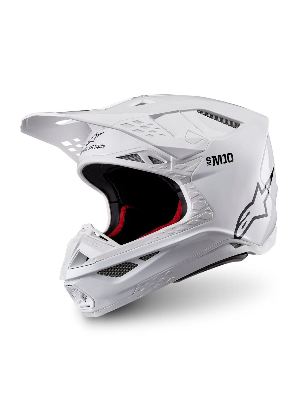 Alpinestars Supertech M10 Solid-hjelm, ECE 22.06-certificeret motocrosshjelm i blank hvid med sort og rød indvendig polstring, skyggevisir og flere ventilationsporte, vist i trekvart profil