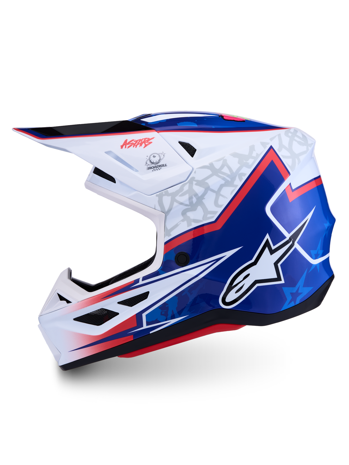 Alpinestars S-M7 Blaster Helmet ECE06, Motocross Helmet in white and blue glossy finish with red accents, ECE 22.06 certified.
