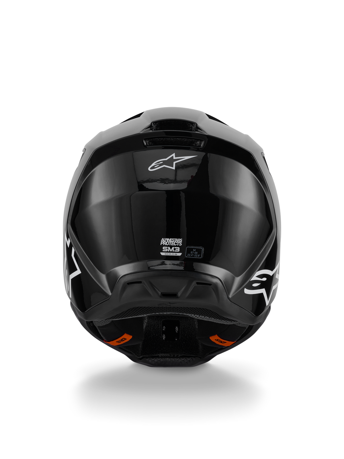 Alpinestars S-M3 Solid Helmet, Motocross Helmet, Glossy Black finish, rear view featuring white Alpinestars logo, ECE 22.06 certification label, and aerodynamic shell with exhaust ports