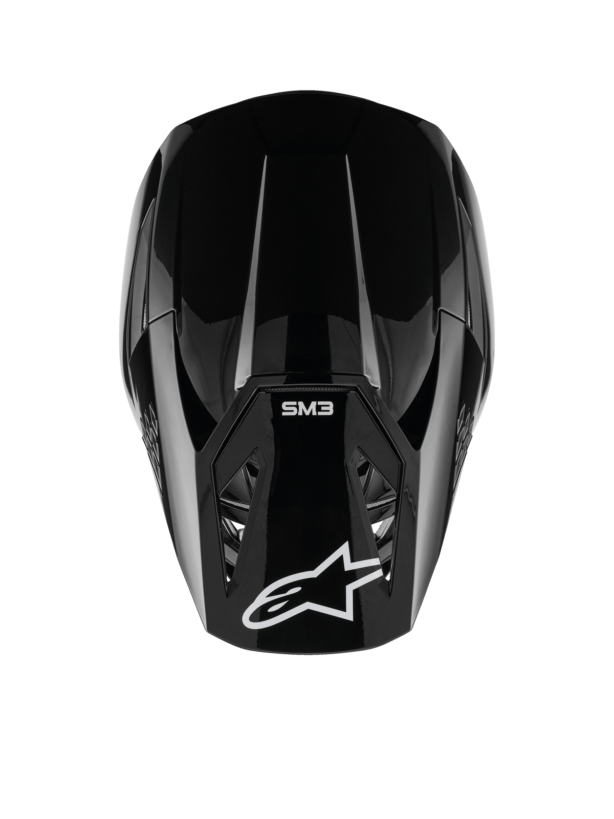 Alpinestars S-M3 Solid Helmet, Motocross Helmet, Black Glossy, top-down view showing white Alpinestars logo and SM3 branding on the visor, sleek aerodynamic design, professional off-road protection