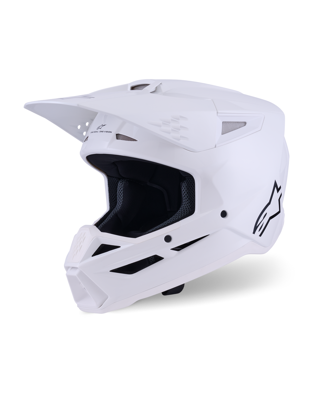 Alpinestars S-M3 Solid hjelm, motocross-hjelm, White Glossy, fuld-ansigt off-road hovedbeskyttelse med et fremtrædende visir, flere luftindtag og et sort Alpinestars-logo på sideprofilen