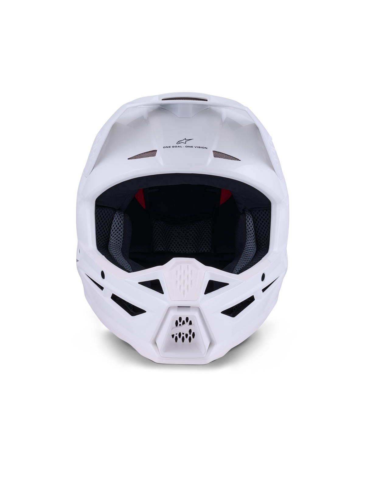 Alpinestars S-M3 Solid Hjelm ECE 22.06, motocrosshjelm, hvid blank, set forfra med flere ventilationsindtag på hagen og panden, strømlinet aerodynamisk skal med visir, 'ONE GOAL - ONE VISION' branding og indvendig mesh-foring til beskyttelse ved off-road race
