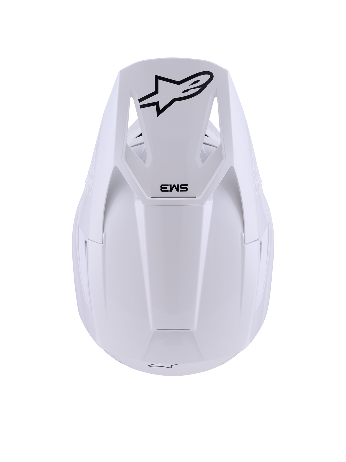 Alpinestars S-M3 Solid hjelm, blank hvid, motocrosshjelm, set oppefra med sort Alpinestars stjerne-logo og SM3-branding på visiret, strømlinet termo-injiceret skal med blank finish, ECE 22.06-certificeret off-road beskyttelse