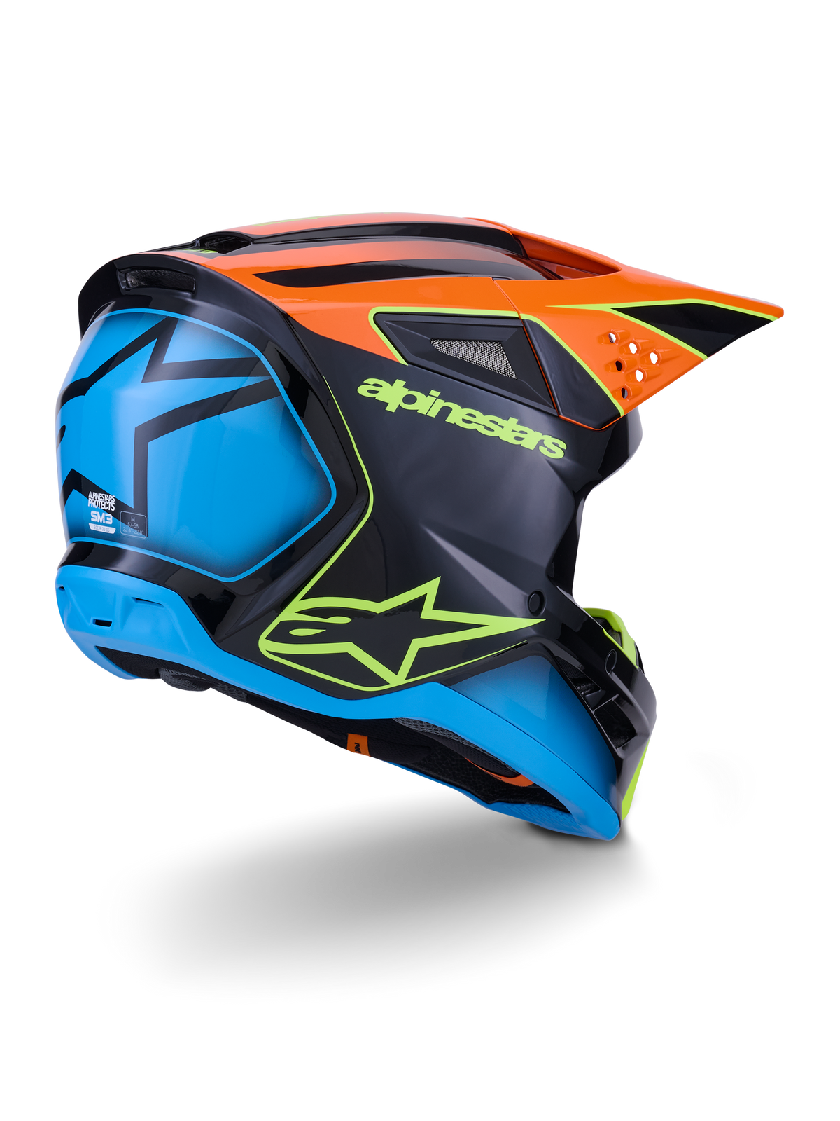 Alpinestars S-M3 Fray Helmet ECE 22.06, Motocross Helmet, Black with Orange and Blue panels, featuring neon yellow Alpinestars logo, large blue rear section with star graphic, orange visor with integrated vents, professional off-road protective gear