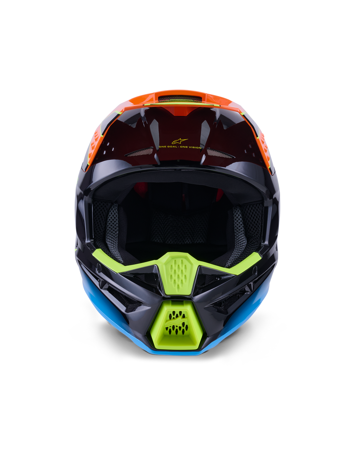 Alpinestars S-M3 Fray Helmet ECE 22.06, Motocross Helmet, Black Orange and Fluo Yellow, front view showcasing aggressive chin bar design with mesh vents, wide eye port, and sleek aerodynamic profile for off-road racing.
