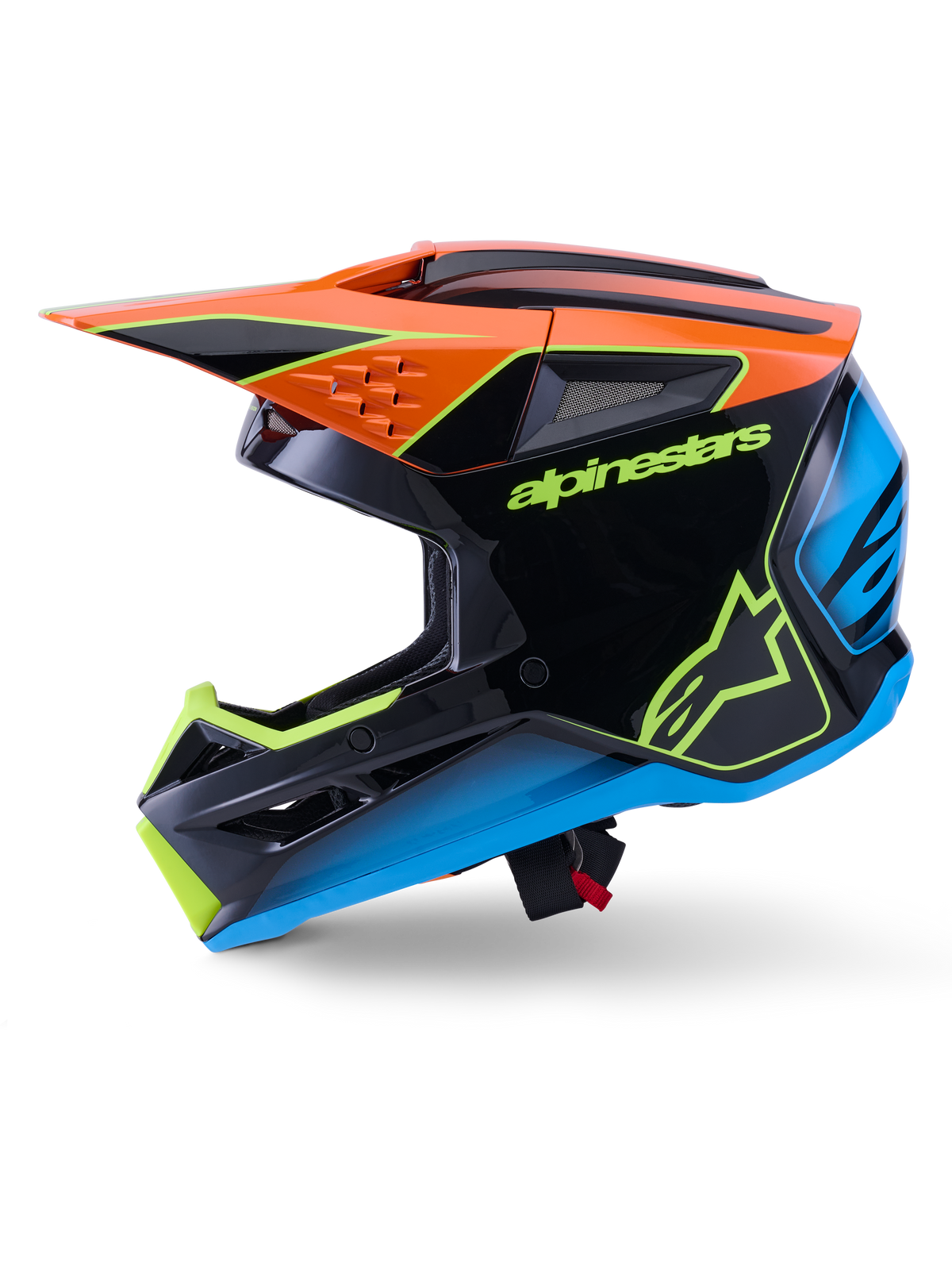 Alpinestars S-M3 Fray Helmet ECE 22.06, Motocross Helmet, Black with Orange, Blue, and Fluorescent Yellow accents, side profile view showcasing aerodynamic shell and integrated ventilation ports, featuring bold Alpinestars branding, professional off-road racing protection