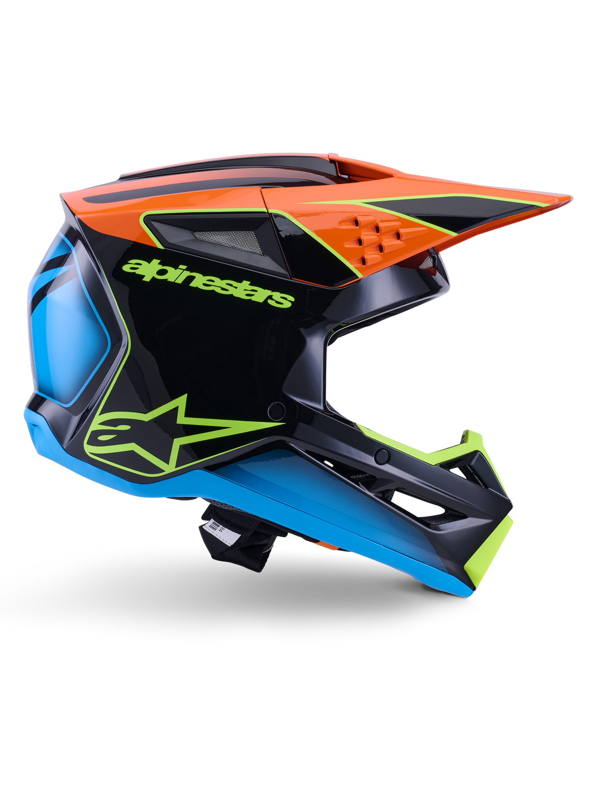 Alpinestars S-M3 Fray Helmet ECE 22.06, Motocross Helmet, Black Orange Blue and Neon Yellow, side profile of a glossy aerodynamic shell with a prominent orange peak, neon green branding, and blue accents, off-road racing protection