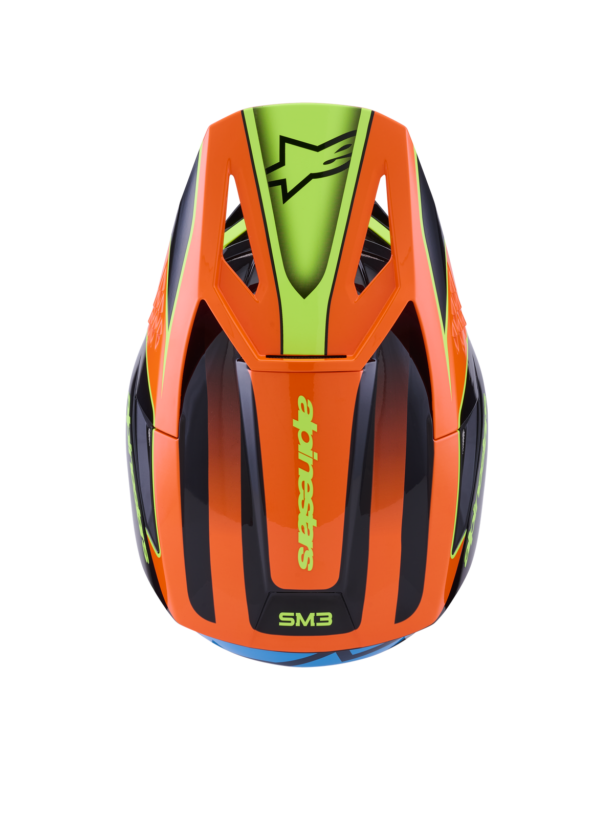 Alpinestars S-M3 Fray Helmet, Motocross Helmet, Orange and Fluorescent Yellow with Black accents, top view showing aerodynamic shell and peak with Alpinestars logo, vibrant graphic design for off-road riding