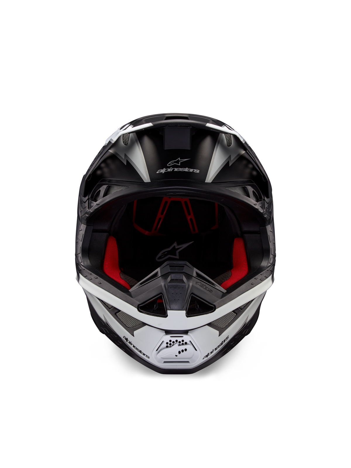 Alpinestars Supertech M10 Ampress Helmet, Motocross Helmet, Black and White Matte, front view with red interior lining, aerodynamic shell featuring ventilation ports and Alpinestars logo