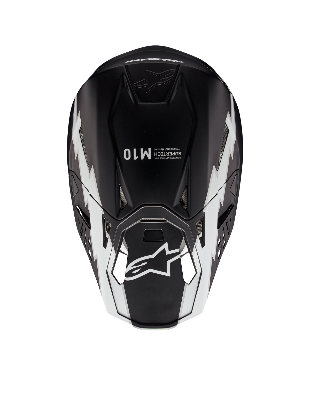 Alpinestars Supertech M10 Ampress Helmet, Motocross Helmet, Black and White Matte, top-down view showing white geometric graphics, A-star logo on the visor and Supertech M10 branding on the crown, aerodynamic design for off-road performance