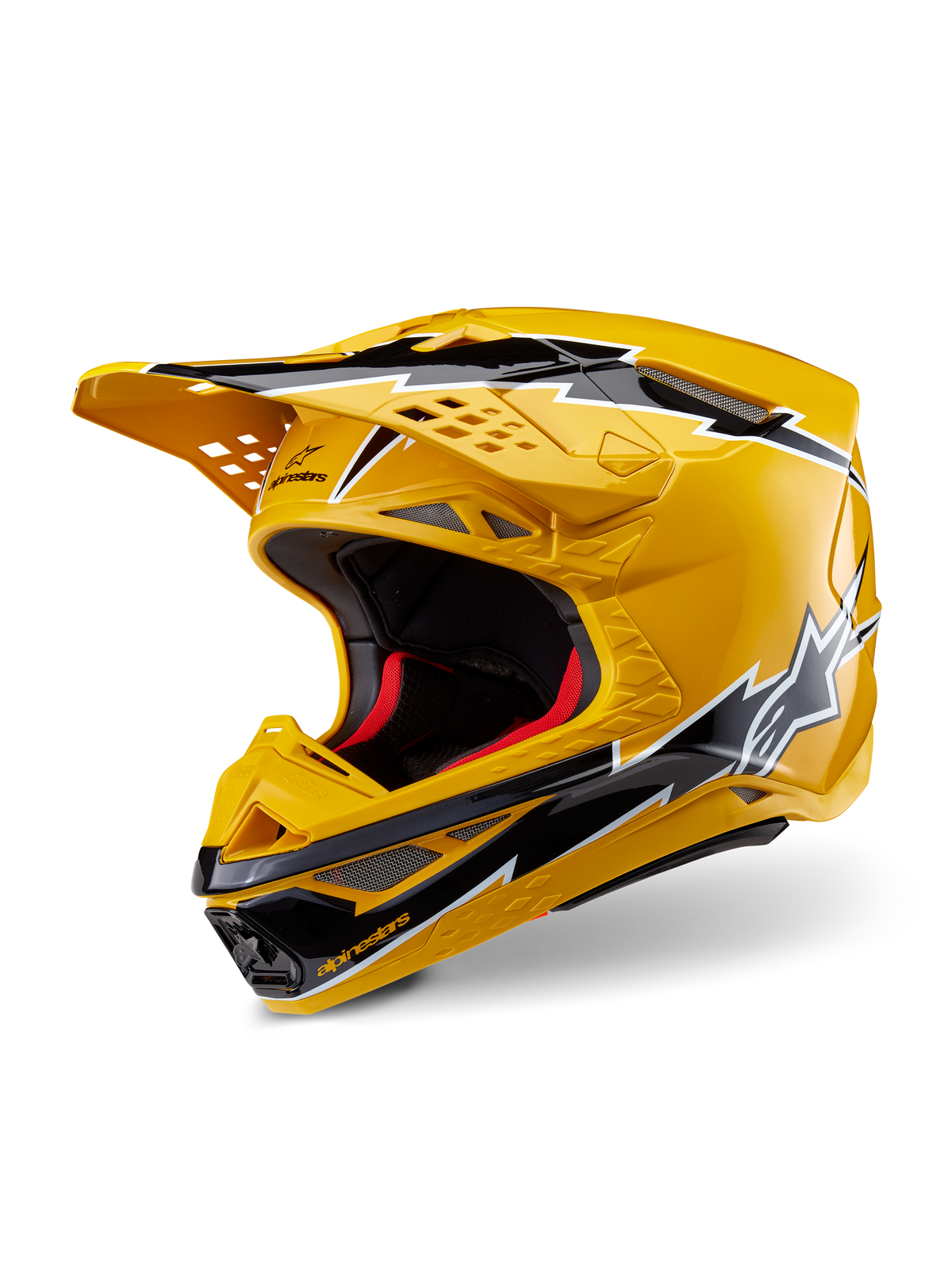 Alpinestars Supertech M10 Ampress hjelm, motocrosshjelm, blank gul og sort, med lyn-grafik, ventileret skygge og aerodynamisk design, højtydende off-road beskyttelse