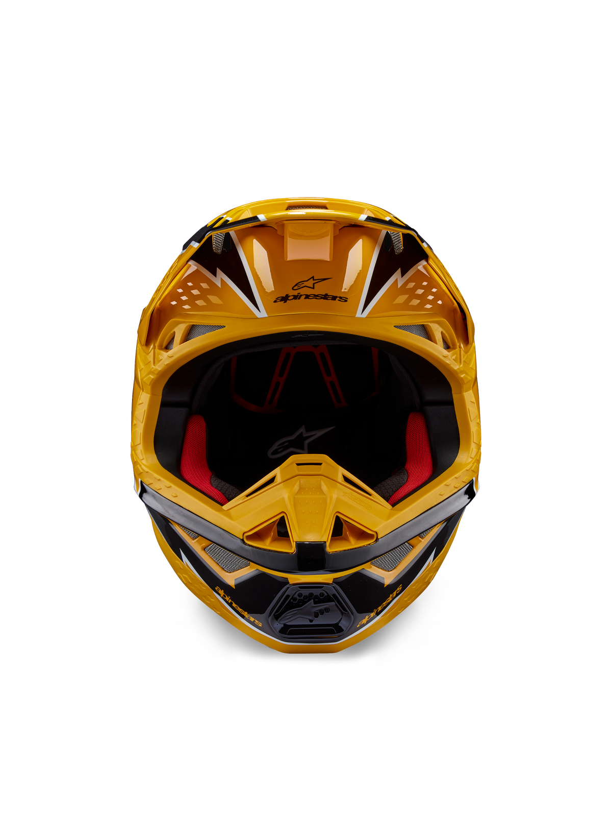 Alpinestars Supertech M10 Ampress hjelm, motocross-hjelm, gul og sort blank, set forfra med markante vinklede grafikker, Alpinestars-logo på skyggen, rød indvendig polstring, aerodynamisk skal til professionel motocross-racing