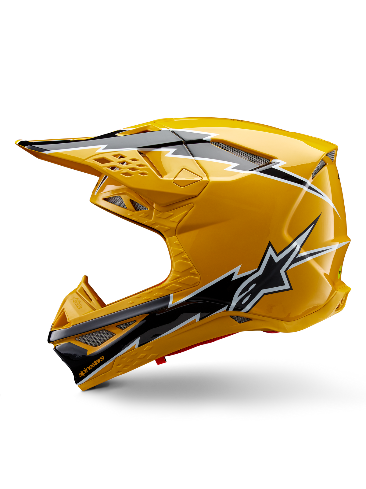 Alpinestars Supertech M10 Ampress hjelm, motocross-hjelm, blank gul med sort og hvid grafik, sidevisning med markante kantede designs, Alpinestars stjernelogo og flere ventilationsporte med sølvnet, professionelt off-road racerudstyr