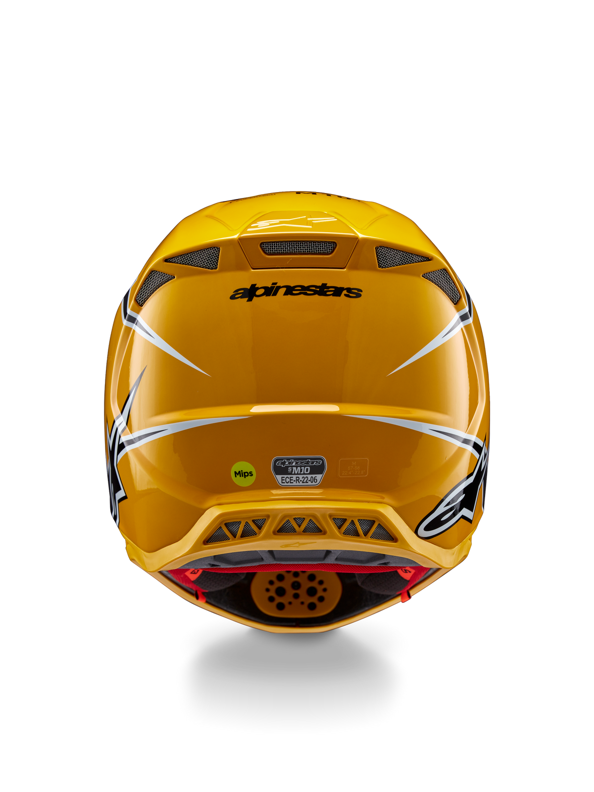 Alpinestars Supertech M10 Ampress hjelm, set bagfra, blank gul med sorte og hvide detaljer, med bagerste udluftningsventiler, MIPS- og ECE 22.06-mærkater, professionel hovedbeskyttelse til motocross