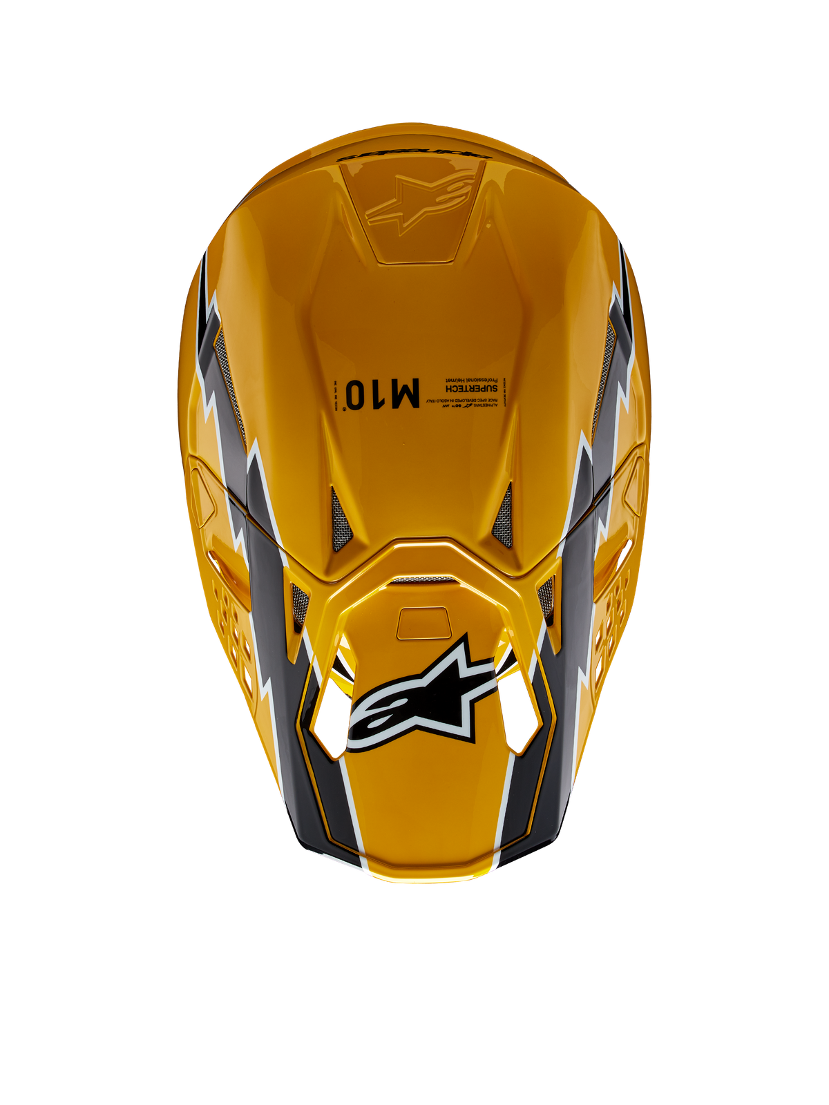 Alpinestars Supertech M10 Ampress hjelm, motocrosshjelm, sort gul blank, set oppefra med en blank gul finish, sort og hvid grafik, Alpinestars-logo på visiret og aerodynamisk skal med ventilationsporte