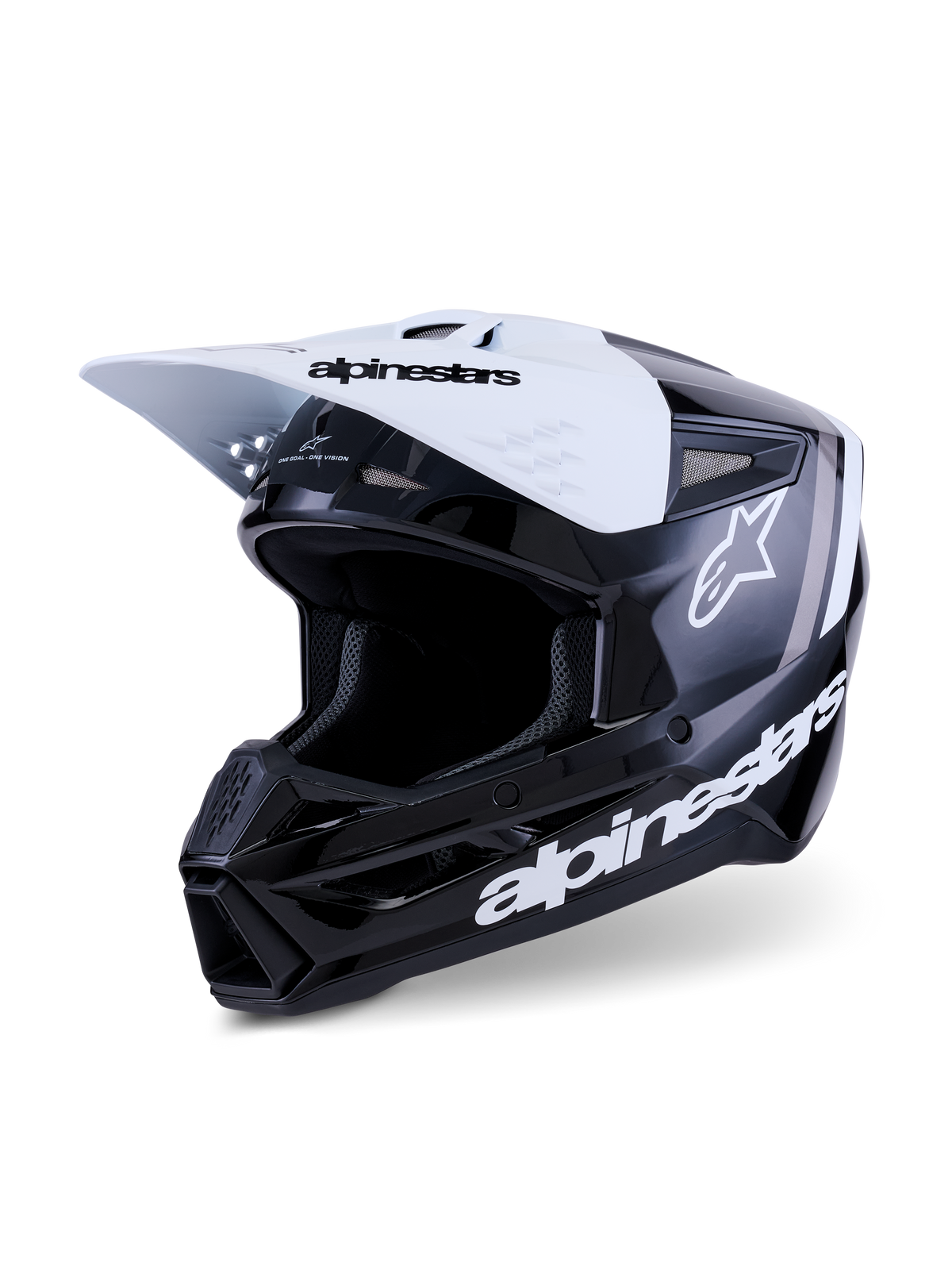 Alpinestars S-M3 Radium Helmet, Motocross Helmet, Black White and Gray Glossy, featuring a white visor with black branding, glossy black shell with prominent white Alpinestars logos and gray graphic accents, aerodynamic design for off-road racing